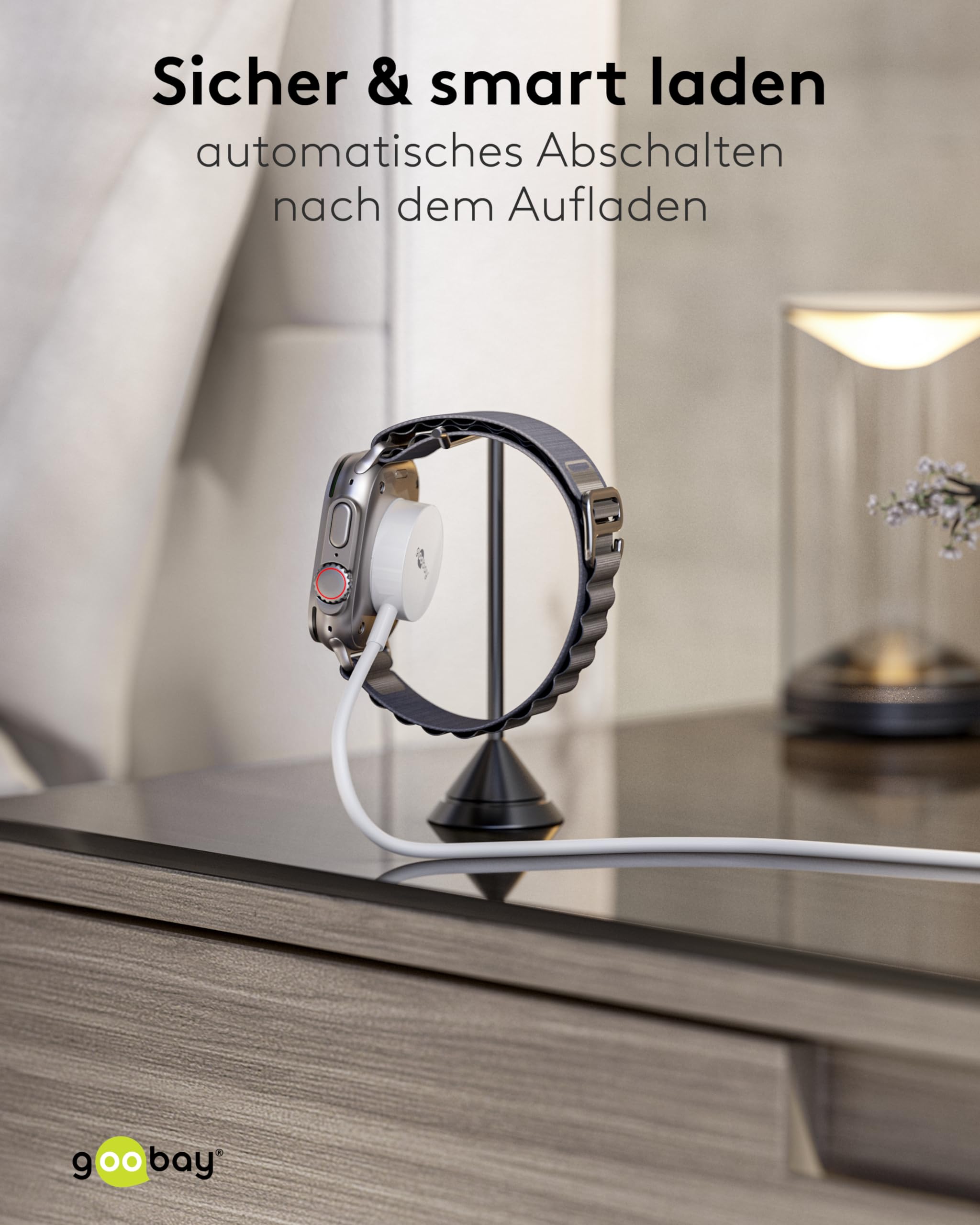 goobay 65343 Ładowarka do zegarka Apple Watch/bezprzewodowa ładowarka/kompatybilna ze wszystkimi modelami Apple Watch SE/8/7/6/5/4/3/2 / w zestawie adapter USB