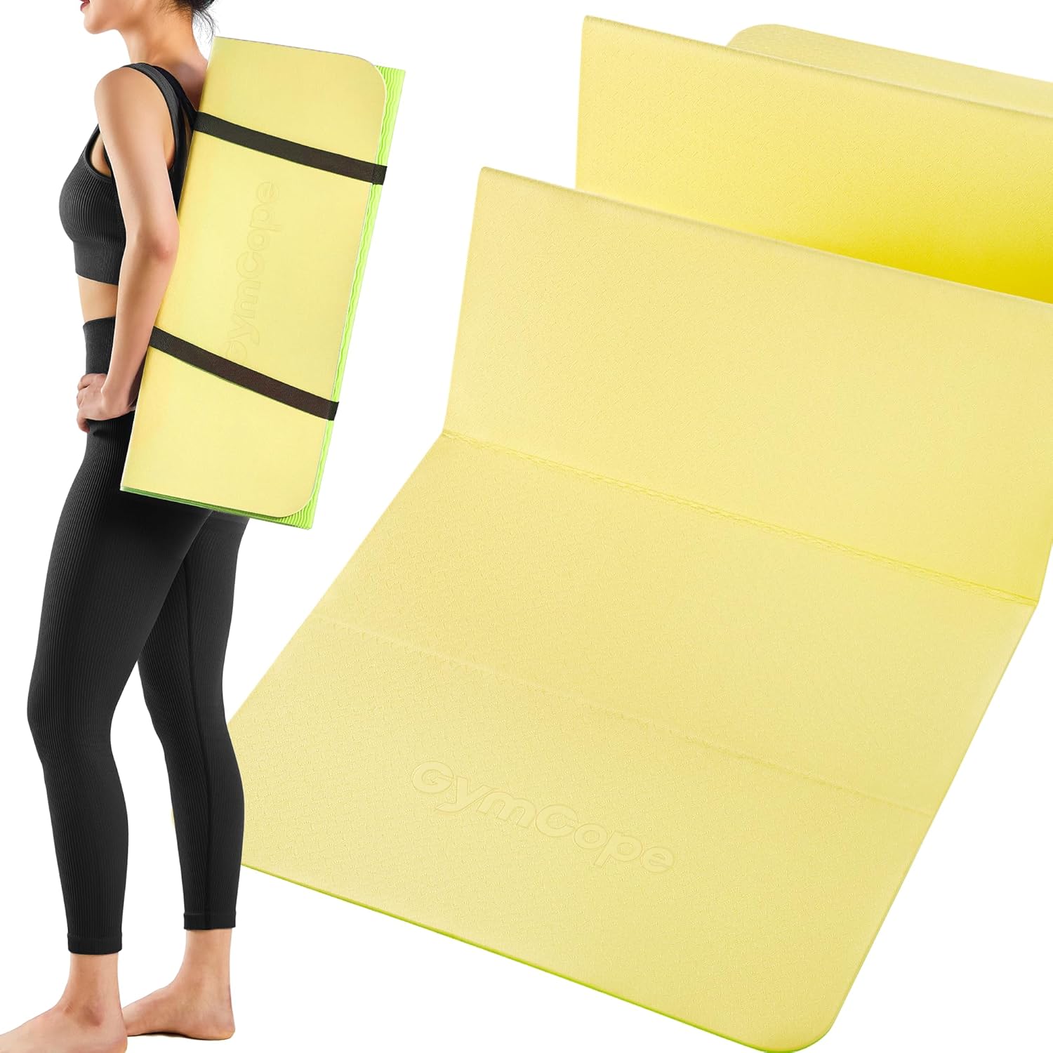 Foldable Travel Yoga Mat – 72″x24″x1/4″ Lightweight & Non-Slip with Carry Strap, Portable Pilates Mat for Stretching, Meditation, Home Workouts, Outdoor Use & Business Trips, Yellow