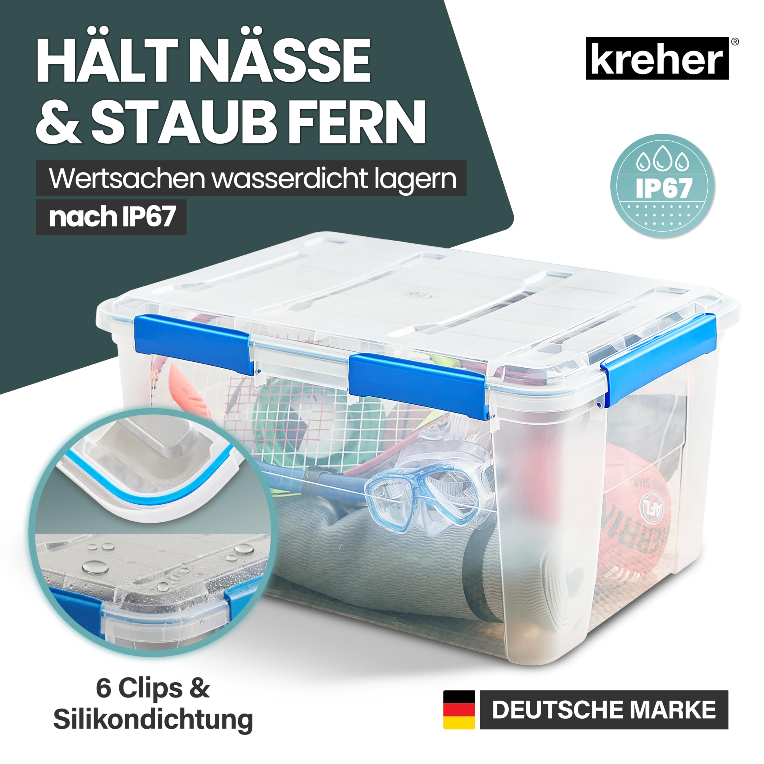 Kreher® Aufbewahrungsbox 75 Liter mit Deckel – wasserdicht & staubdicht, transparent & stapelbar, BPA- & schadstofffrei, robuste Kunststoffbox mit Silikondichtung & 6 Clips (2)