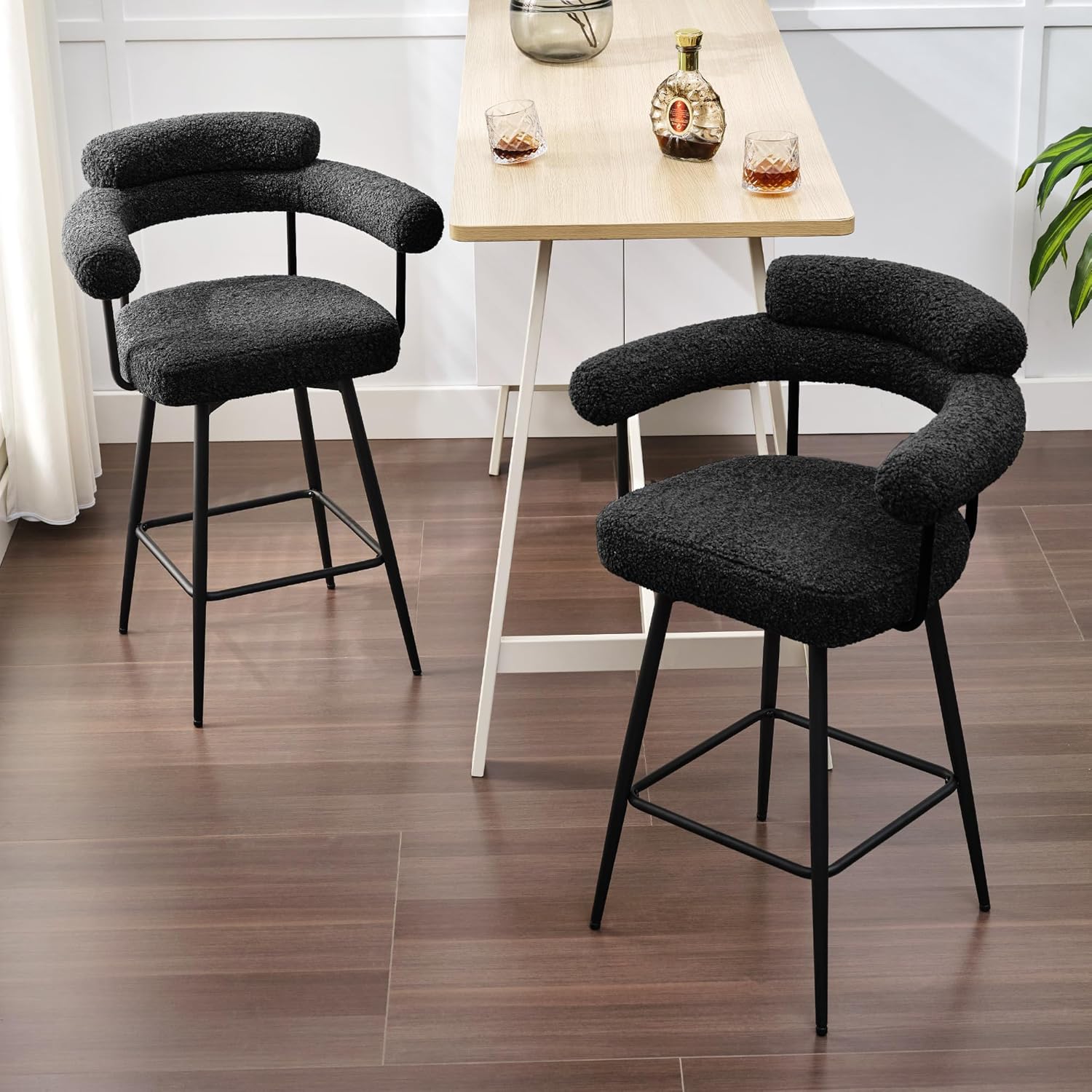 ONEVOG Swivel Counter Height Bar Stools Set of 2, Black Modern Barrel Barstools 26.7 Inch Kitchen Island Chairs with Arms, Boucle Sherpa Fabric Upholstered Bar Seats for Kitchen Countertop and Pub
