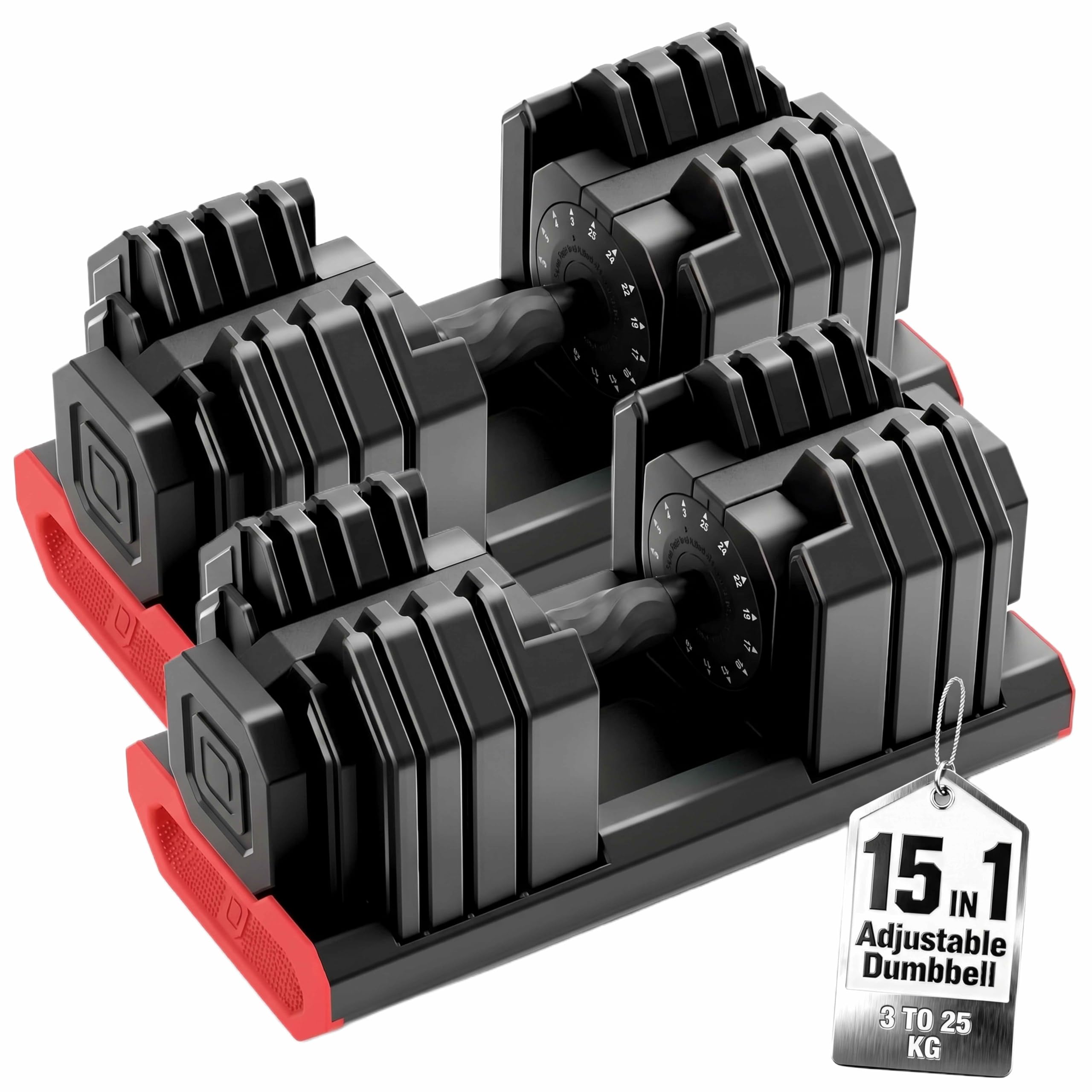 HAKENO 15 in 1 Adjustable Dumbbell 2x25kg PAIR of Weight with Fast Automatic Adjustable and Weight Plate for Body Workout Home Gym（2pcs set）