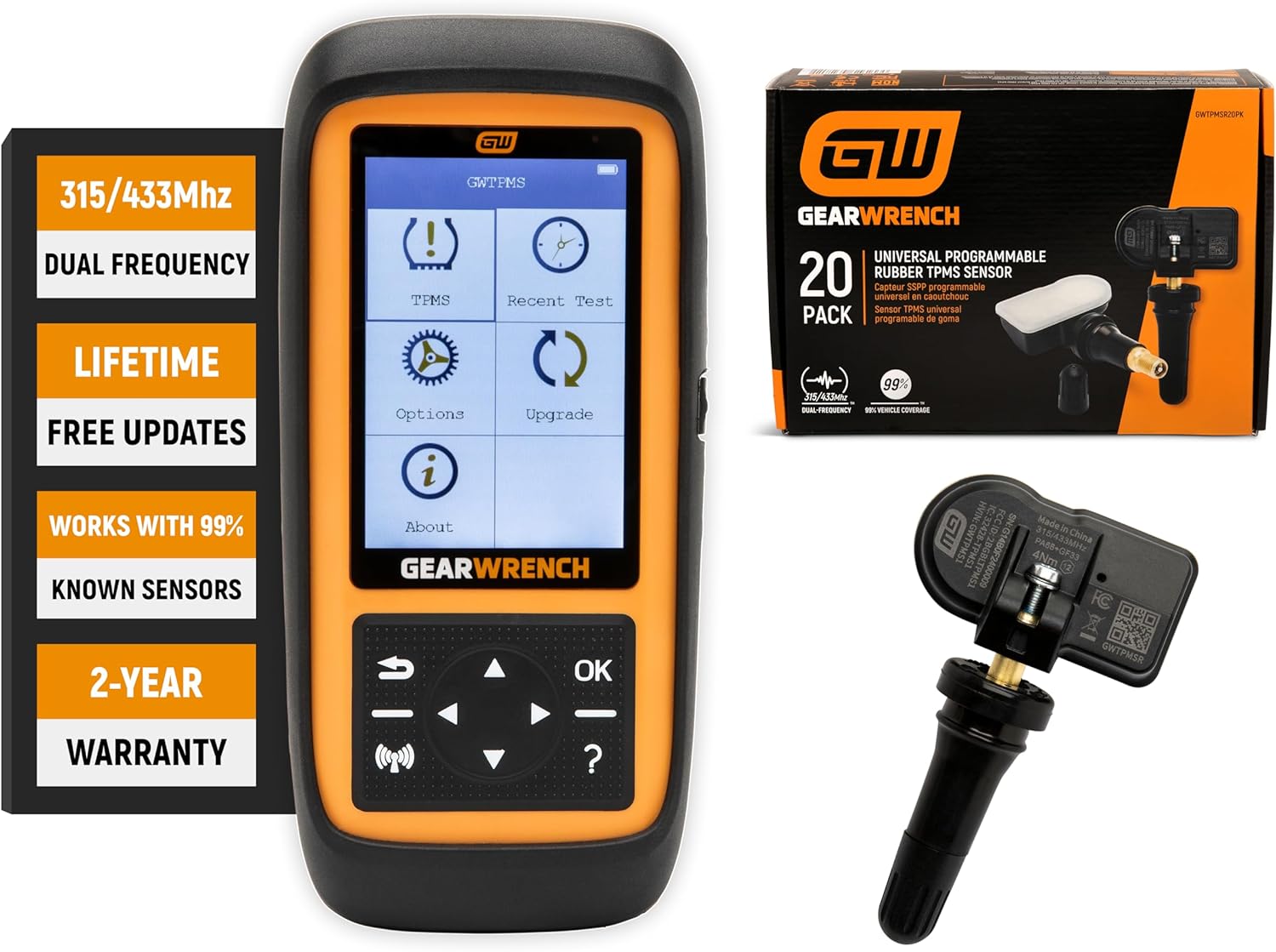 Bundle of GEARWRENCH Universal Tire Pressure Monitoring System Programming & Diagnostic Tool | GWTPMS + GEARWRENCH Universal Programmable Rubber TPMS Sensor | 20 Pack | GWTPMSR20PK