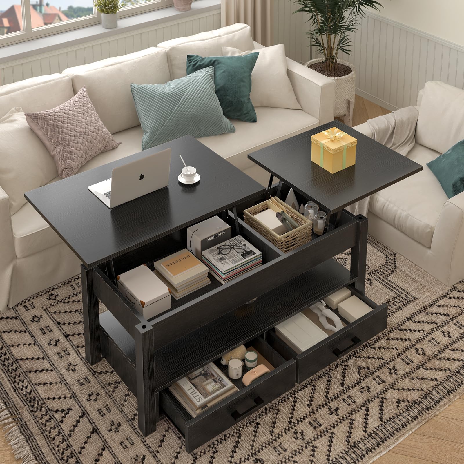 FABATO 2 Way Lift Top Coffee Table, 47.2'' Double Black Lift Top Coffee Table with Drawers and Hidden Compartment Storage Open Shelf, Storage Coffee Table for Small Space Living Room, Black