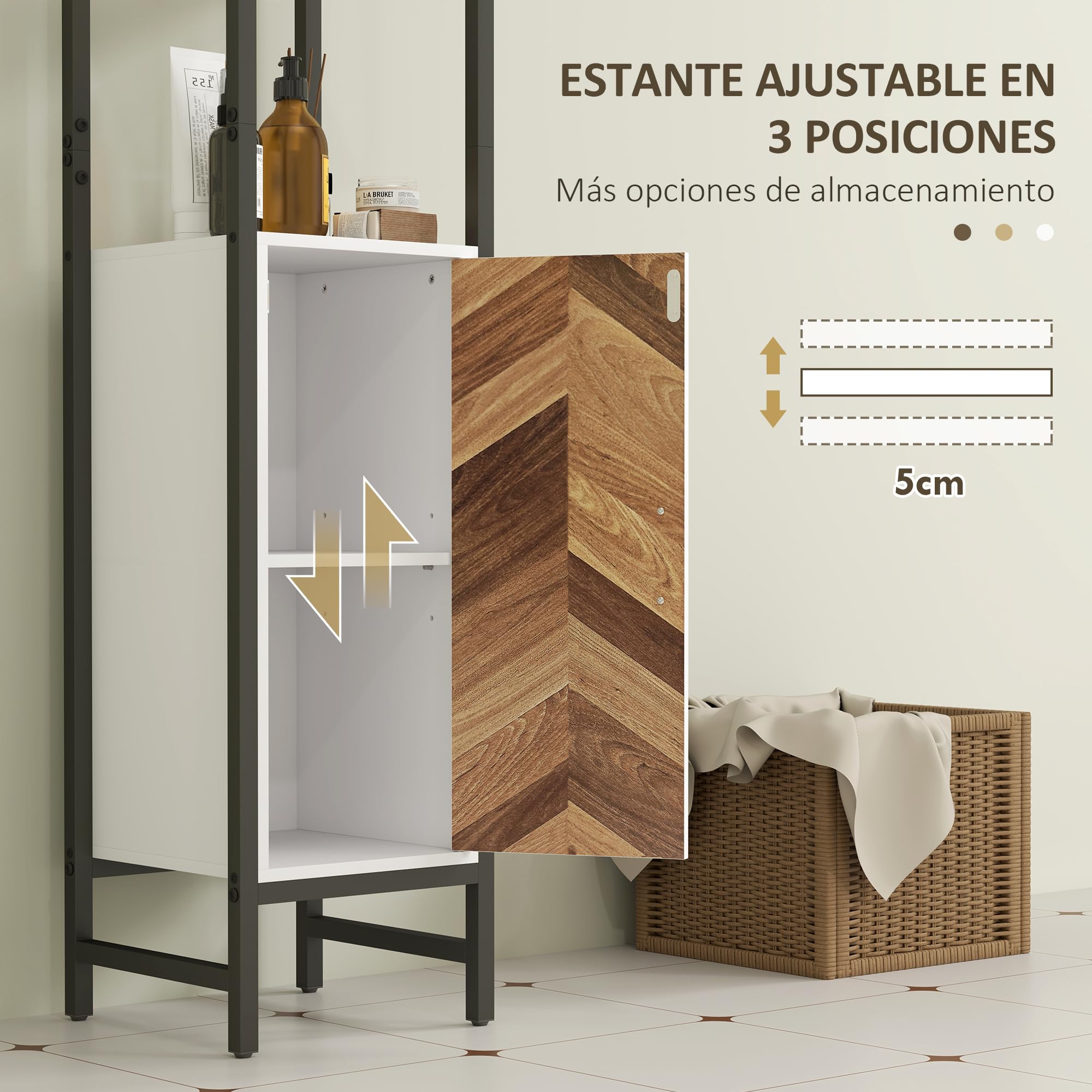 HOMCOM Armario Alto de Baño Columna Almacenaje 30x30x170 cm Blanco/Nogal | 3 Estantes Abiertos, 1 Puerta, Estante Ajustable, Mueble Auxiliar de Baño, Sistema Anti-vuelco