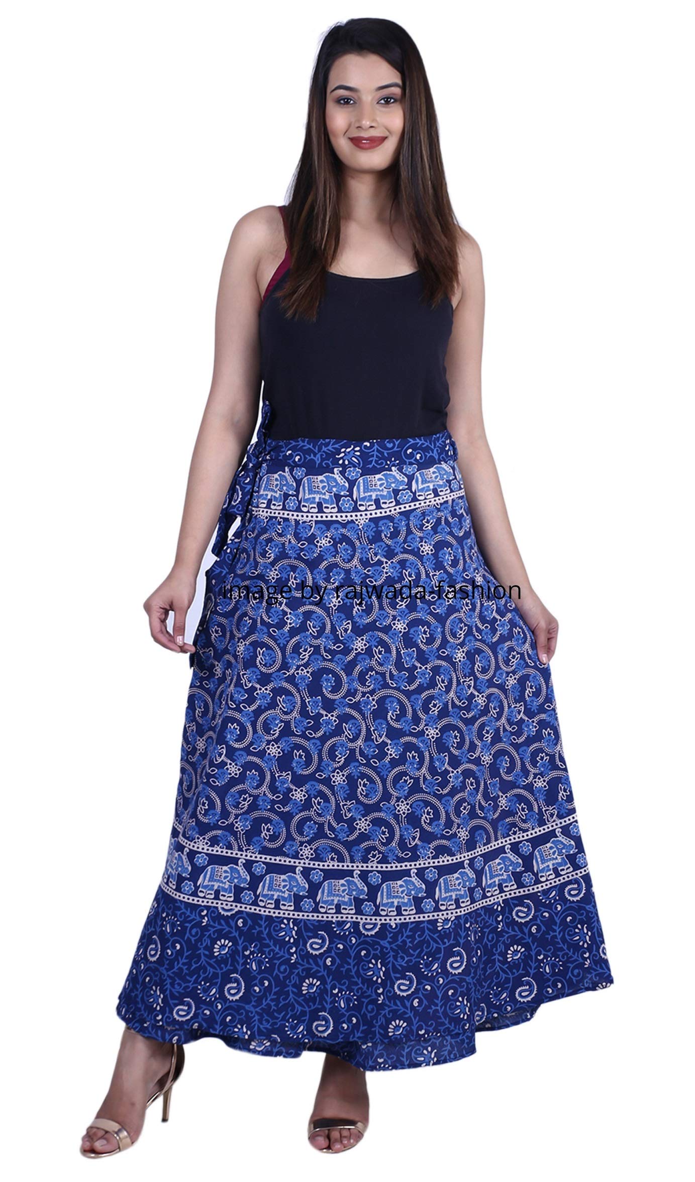 rajwada-Fashion Indian Wrap Around Long Skirt 100% Cotton Jaipuri Printed Mandala Free Size for Women Thanksgiving Gift, Light Blue, 36 Long