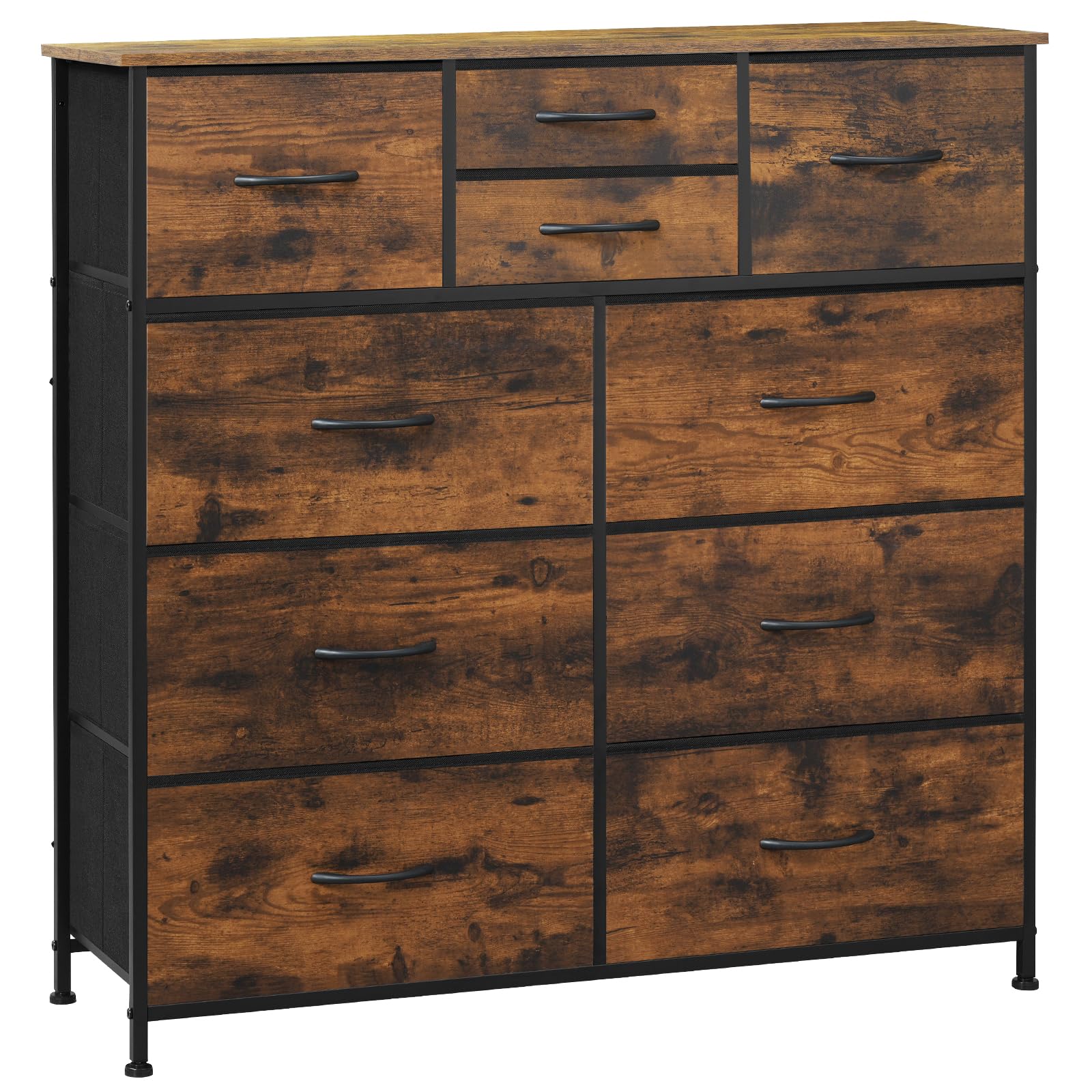 WOLTU Commode, Meuble de Rangement, avec 10 Tiroirs en Tissu, Commode Rangement pour Chambre, Salon, Entrée, Cadre en Métal, Marron Rustique et Noir, SSK009shm