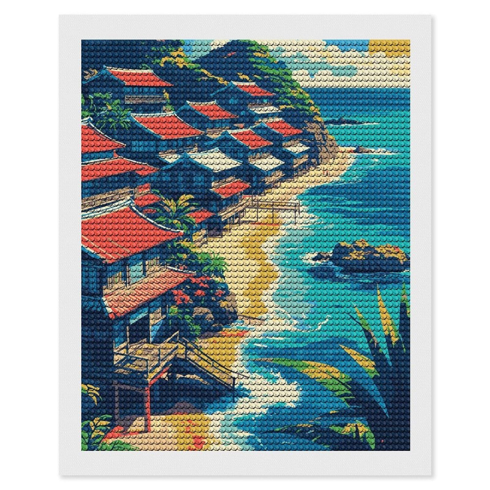 Junmoney Coastal Village with Red-Roofed Houses Diamond Painting Canvas Kit 16"x20", Round Gems, Living Room Decor, Seasonal Gift Choice, Modern Decor