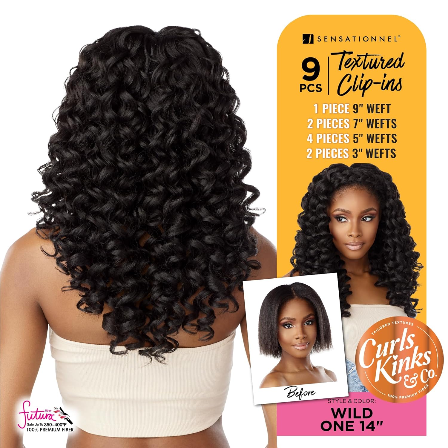 Sensationnel Curls kinksandco clip in - wide one 14 inch easy to use clips for natural 3c to 4c hair textures (1B OFFBLACK)