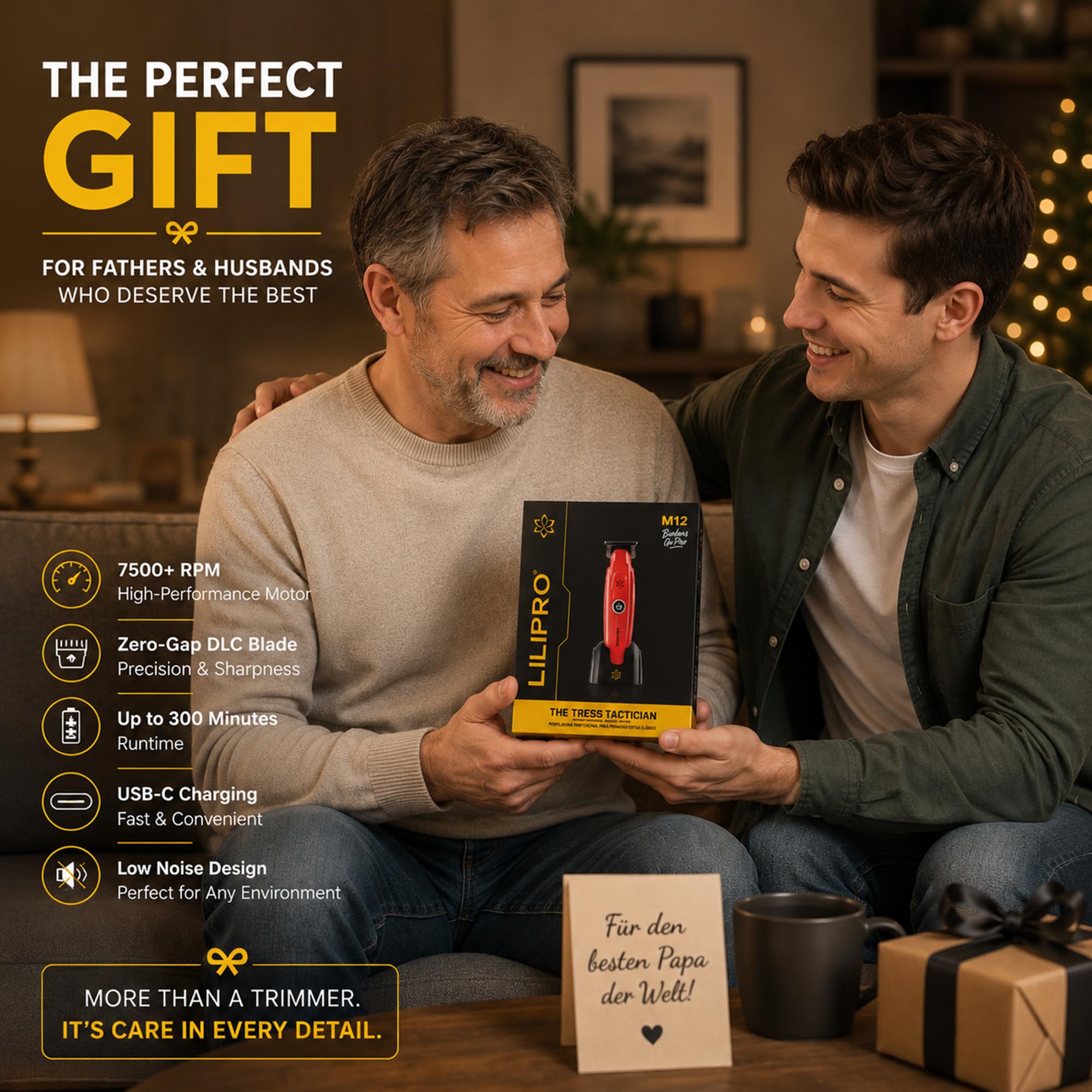 M12 Profi Herren Haarschneider & Barttrimmer | Professional Hair & Beard Trimmer – Zero-Gap DLC-T-Blade, 7500+ RPM, Kabellos, USB-C, 2000 mAh Akku, Leise & Präzise, Für Barber & Zuhause (Gelb)