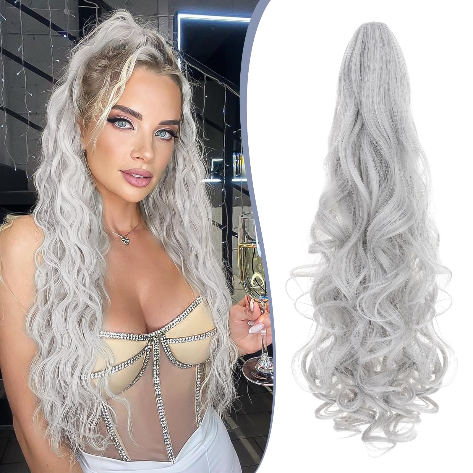 TESS 24'' Curly Ponytail Extensions, 210g Claw in Long Ponytail, Hair Pieces for Women Silver Grey, 24 Inch (curly)