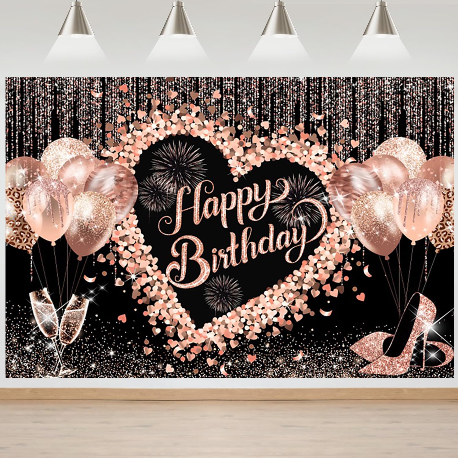 3x2.4m Sfondo Buon Compleanno Rosa Glitter Palloncini Tacchi alti Champagne Vetro Fotografia Sfondo Donne Ragazze Decorazioni Festa di compleanno Banner Photo Booth Props