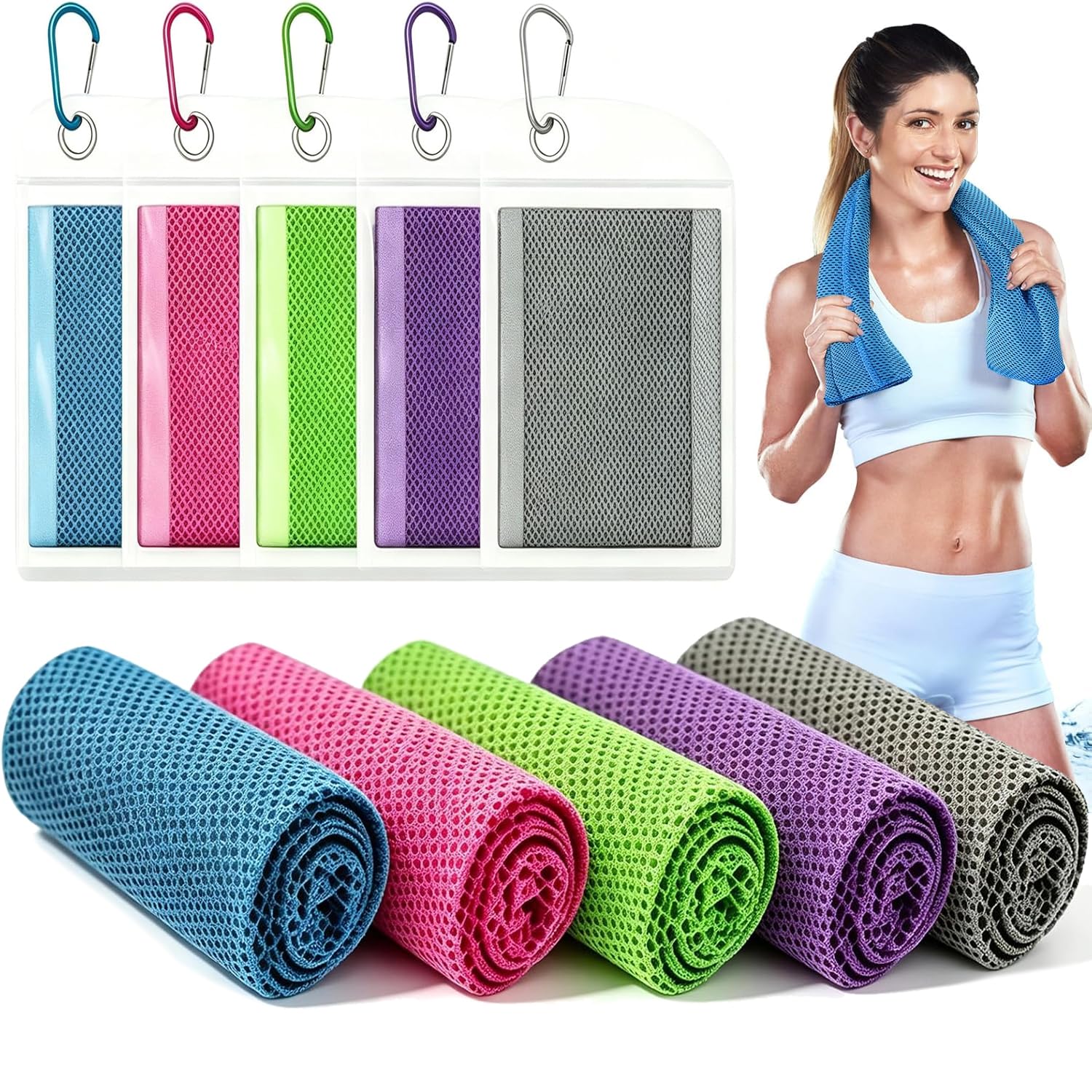 5 Pcs Cooling Towels for Neck & Face, 90x30cm Quick-Cooling Microfiber with Waterproof Bag & Carabiner, Reusable Breathable Gym for Golf,Sport,Running,Gym,Workout,Camping,Fitness,Workout