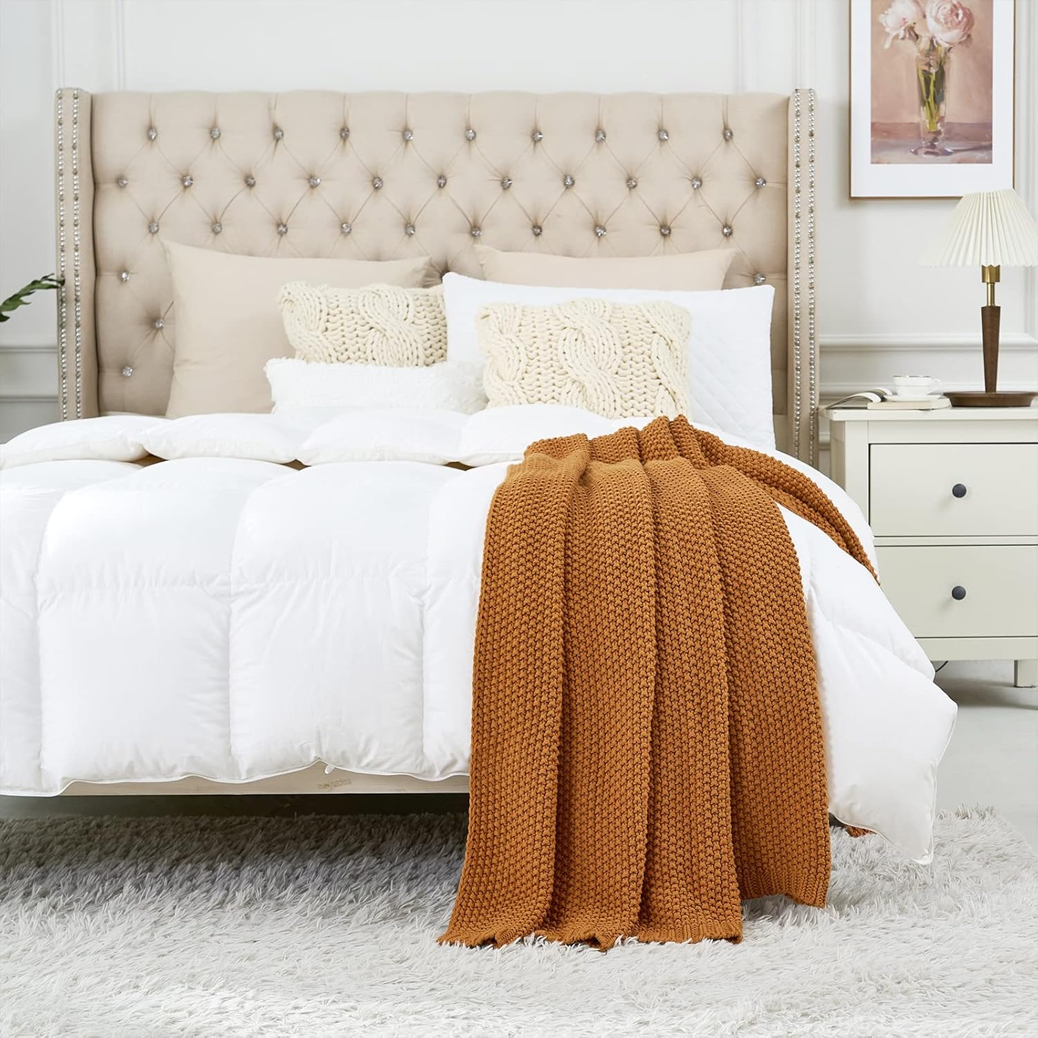 Chunky Cable Knit Throw Blanket Lightweight Burnt Orange 100% Organic Cotton Blanket for Sofa Couch Bed Baby Nursery, Rustic Shabby Chic Modern Farmhouse, 51” x 63” Give Laundering Bag - Image 4