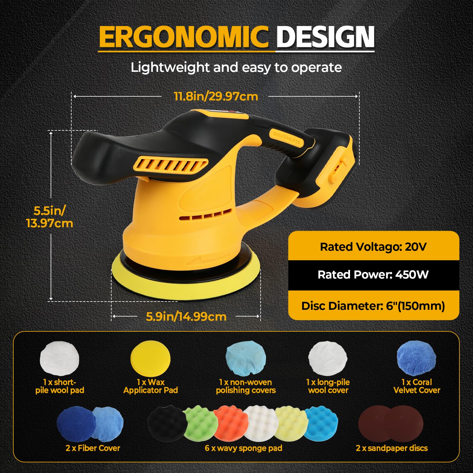Pulidora inalámbrica para automóvil Dewalt, kit de pulidor orbital portátil sin escobillas de 6 pulgadas, 6 velocidades variables 6000 RPM para detalles automáticos, depilación, eliminación de