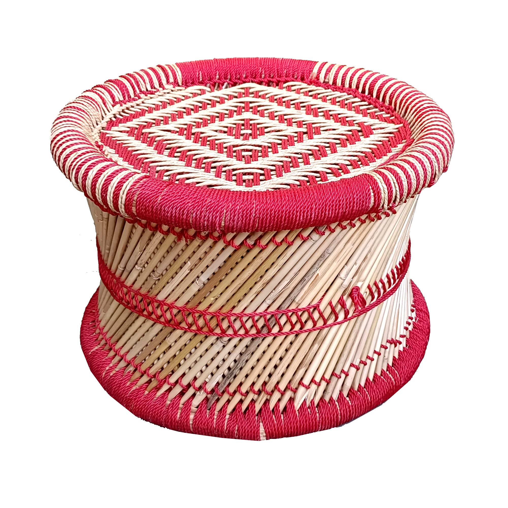 HeeMo Natural Bamboo (SARKANDA) Mudda Stool with Beige and Red Color (10 X 13) Pack of 1