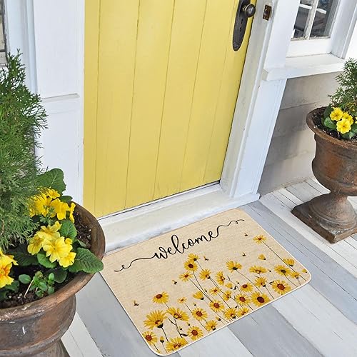Miniatura 2 de AnyDesign - Tapete decorativo de bienvenida con diseño floral de primavera, diseño de margaritas amarillas, flores, abeja, tapete decorativo de