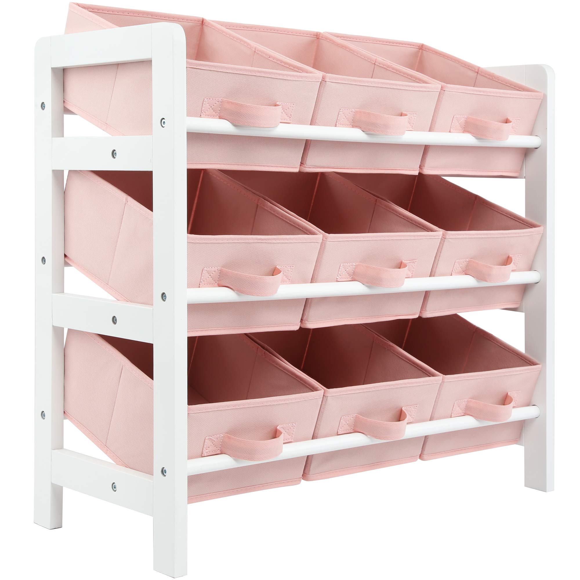 Charles Jacobs Pink 3 Tier Toy Storage Unit With 9 Fabric Boxes For Kids Bedroom (Pink)