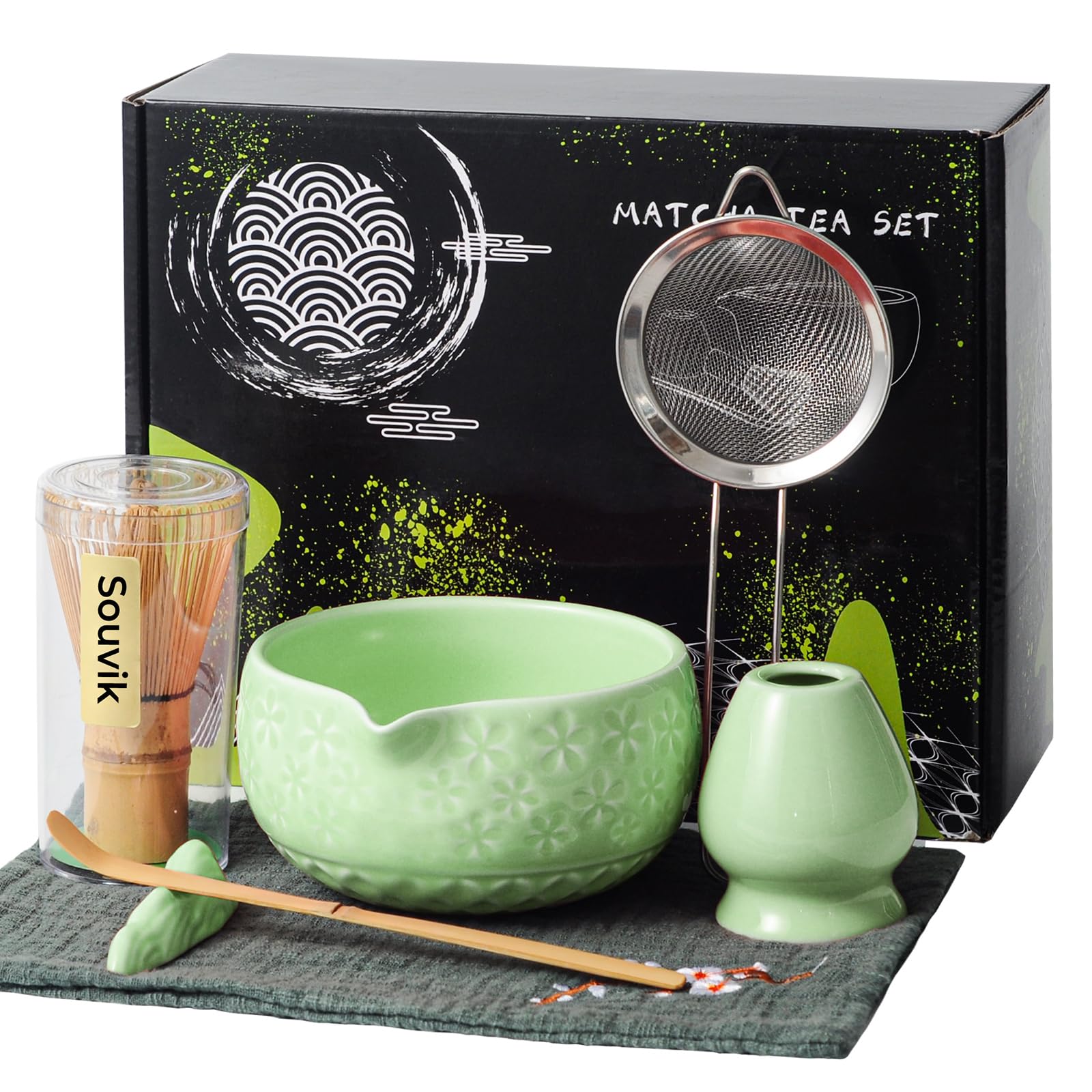 Souvik Matcha Set 7 Pezzi - Ciotola in Ceramica, Frusta Chasen, Cucchiaio di Bambù, Supporto e Accessori - Kit Matcha Tradizionale per Cerimonia del Tè - Ideale come regalo, casa o ufficio