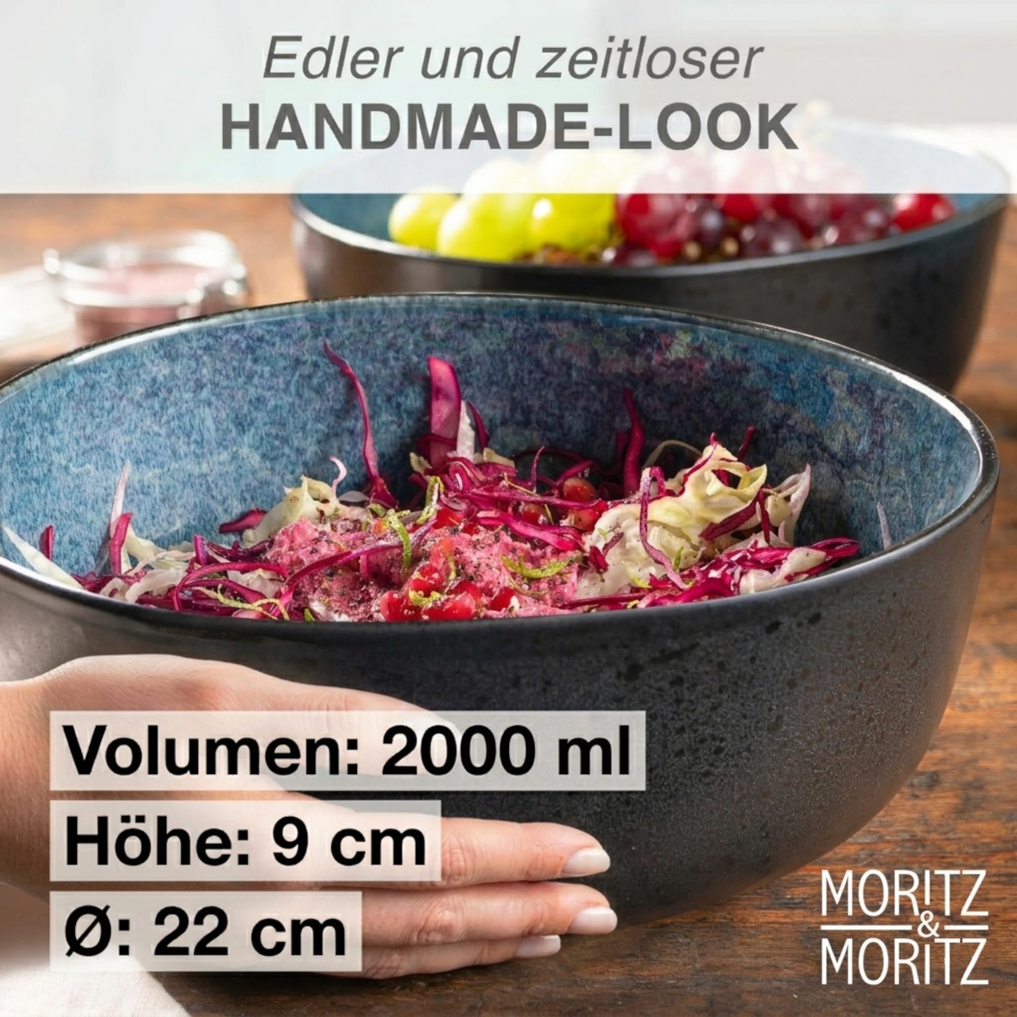 Moritz & Moritz Organic Lot de 2 grands bols de service bleus en grès de qualité supérieure, modernes et intemporels, passent au micro-ondes et au lave-vaisselle, parfaits pour les salades, les pâtes