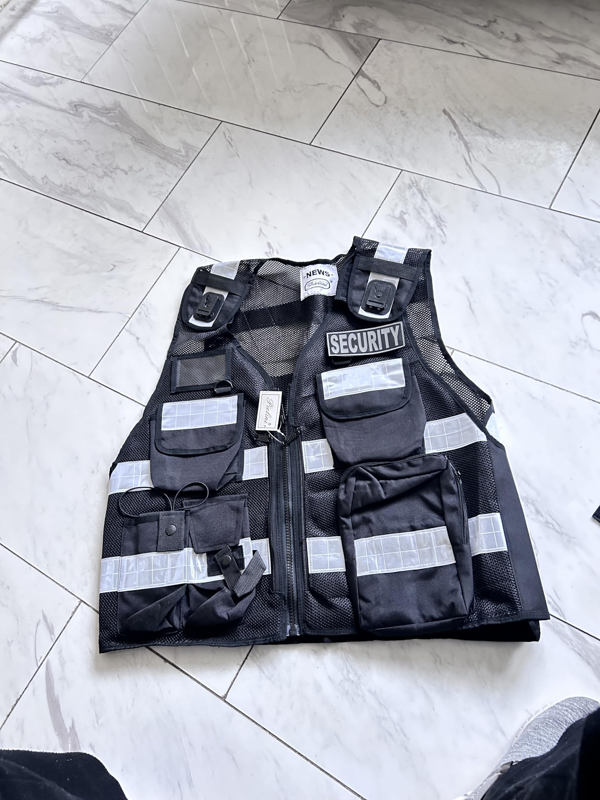 Pielini Sicherheitsweste Reflektierend Schwarz 200 + 2 Patch SECURITY | Verstellbar