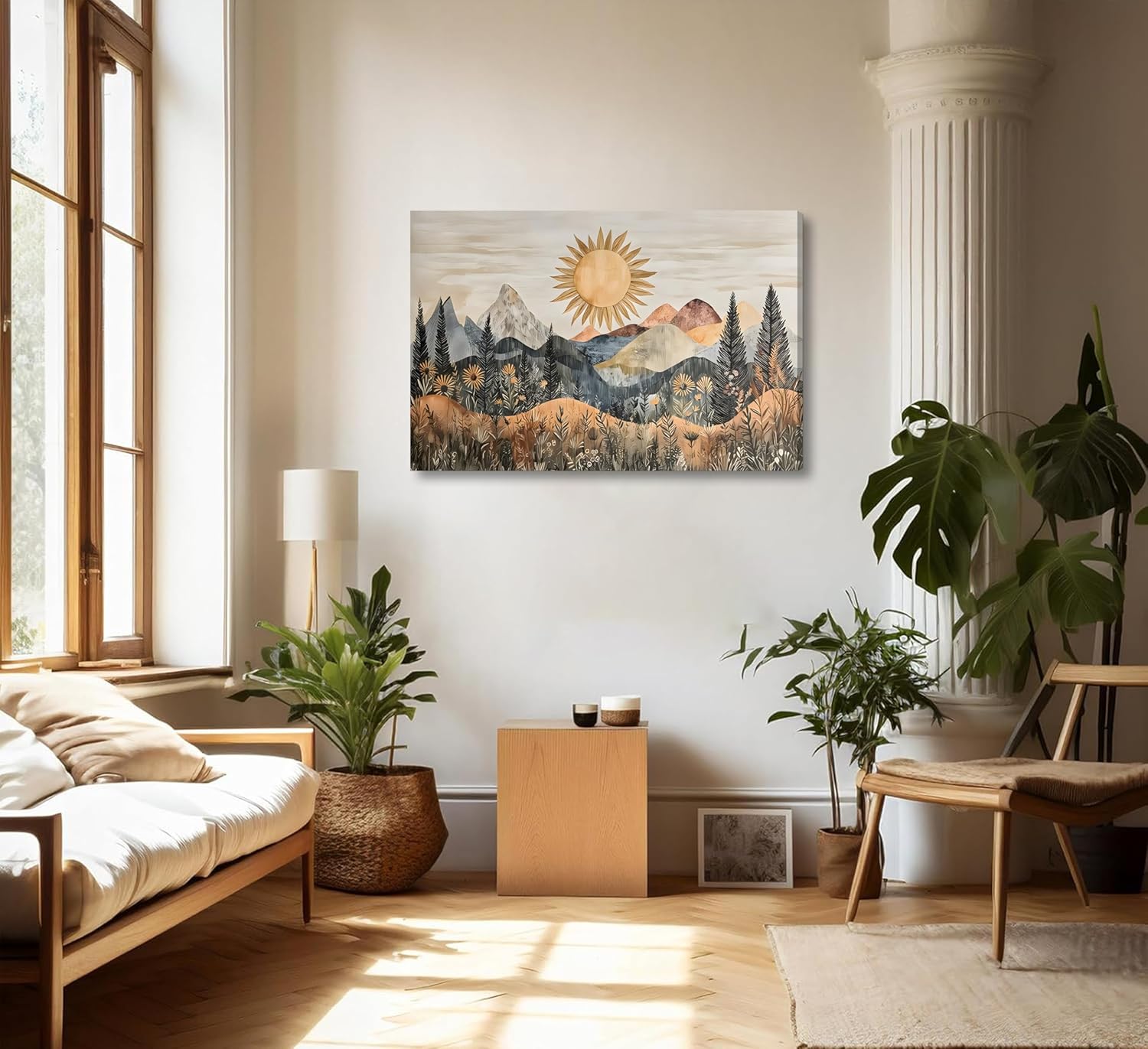 1Pc Framed Bohemian Sun Landscape Wall Art, Colorful Mountains Canvas Prints, Vintage Wildflowers Poster Picture Decor, Suitable for Living Room Bathroom Bedroom 16x24 Inch