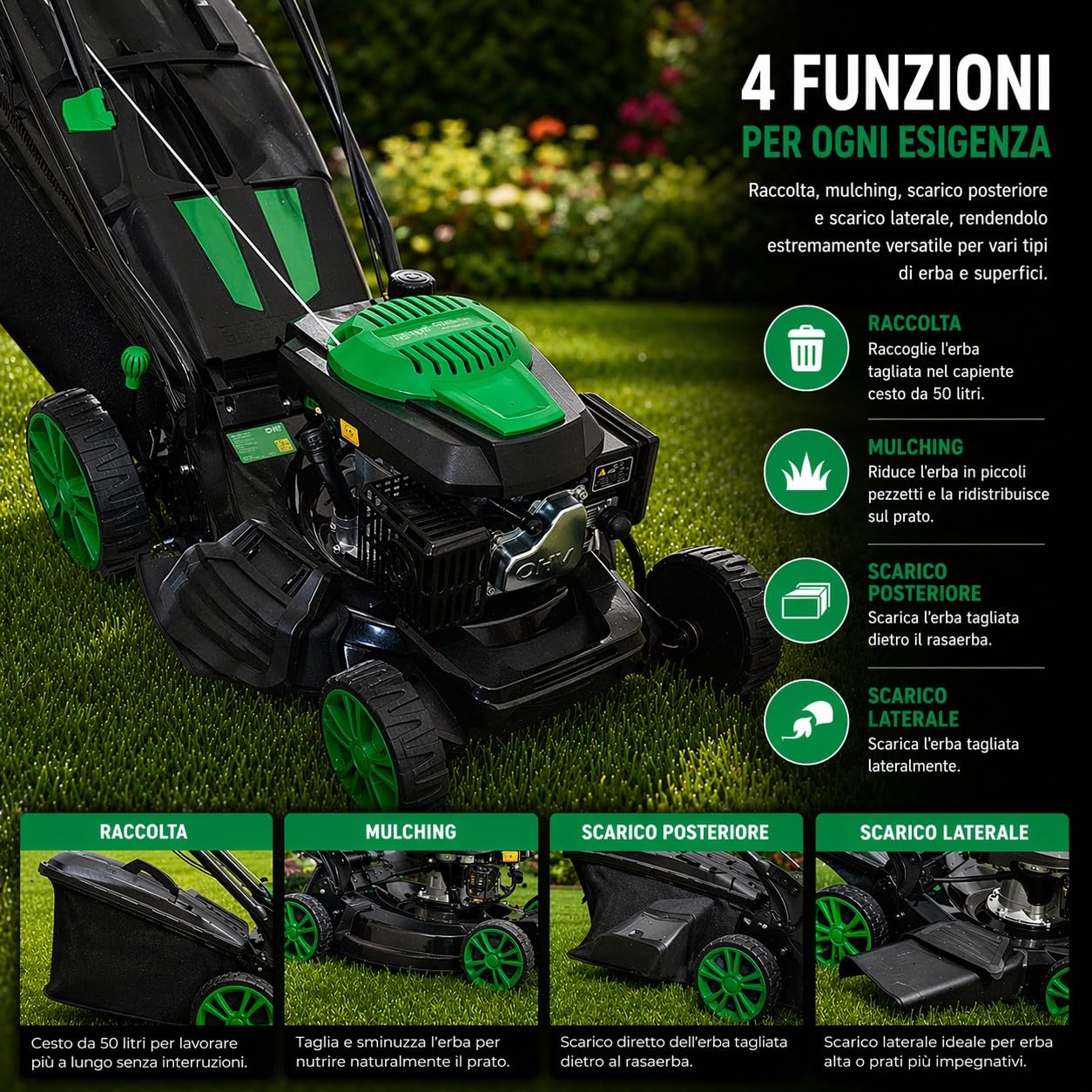 Tosaerba Rasaerba Semovente a Scoppio Motore 4 Tempi 146cc 3KW Taglio 46cm a Trazione 4 in 1 Mulching Raccolta Scarico Laterale Posteriore Regolazione Altezza di Taglio a 7 Livelli 25-70 mm Giardino