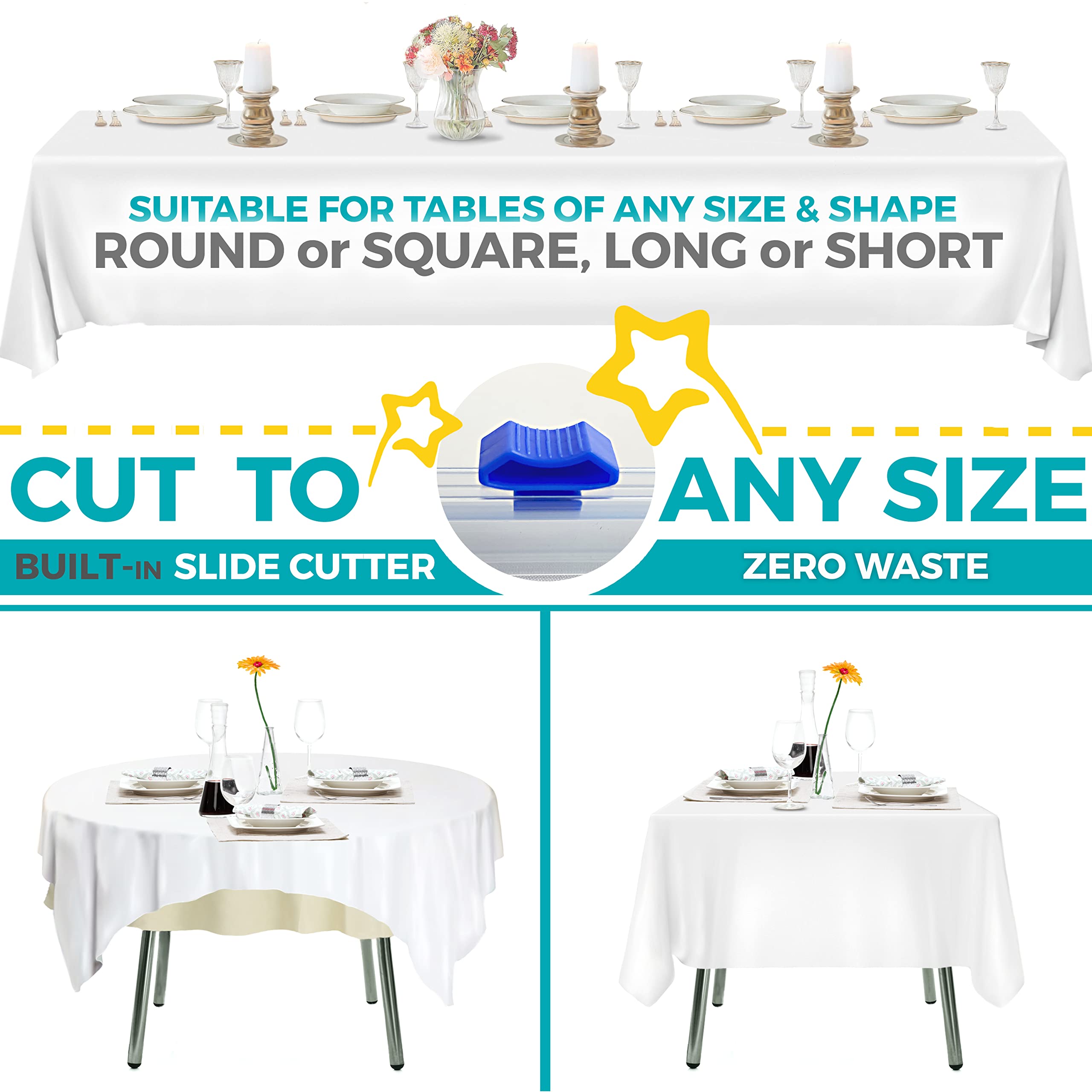 Smarty Kiddo Rollo de Mantel desechable de plástico 54 x 100 pies, Color Blanco con Caja de Corte integrada, Mantel para Fiestas, picnics, Banquetes y Actividades para niños