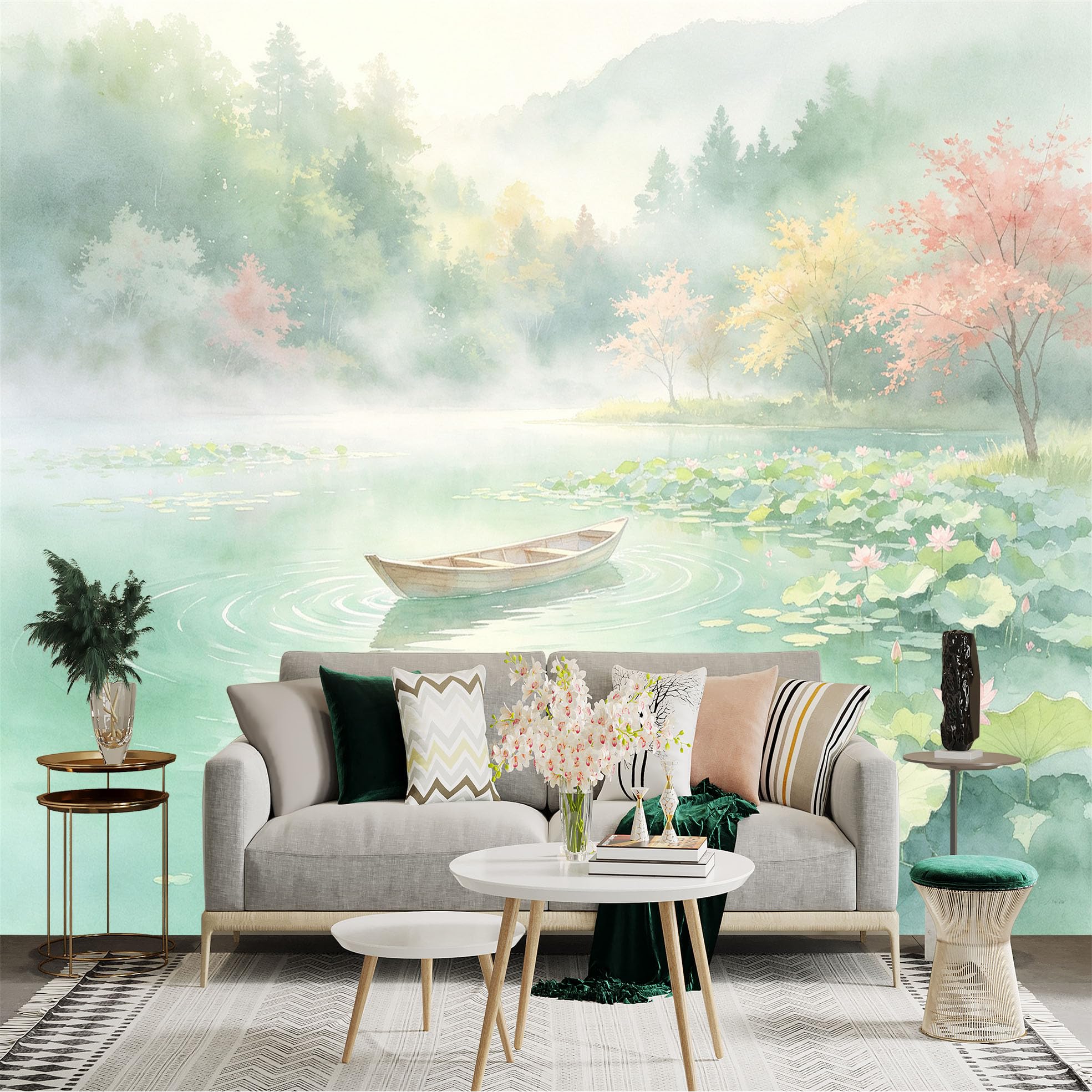 Custom Size Wall Sticker Mural， Serene Misty Lake， Watercolor Lotus Flowers， Wooden Boat， Soft Pastel Landscape， for wall Decoration， peelandstick wall Decals.