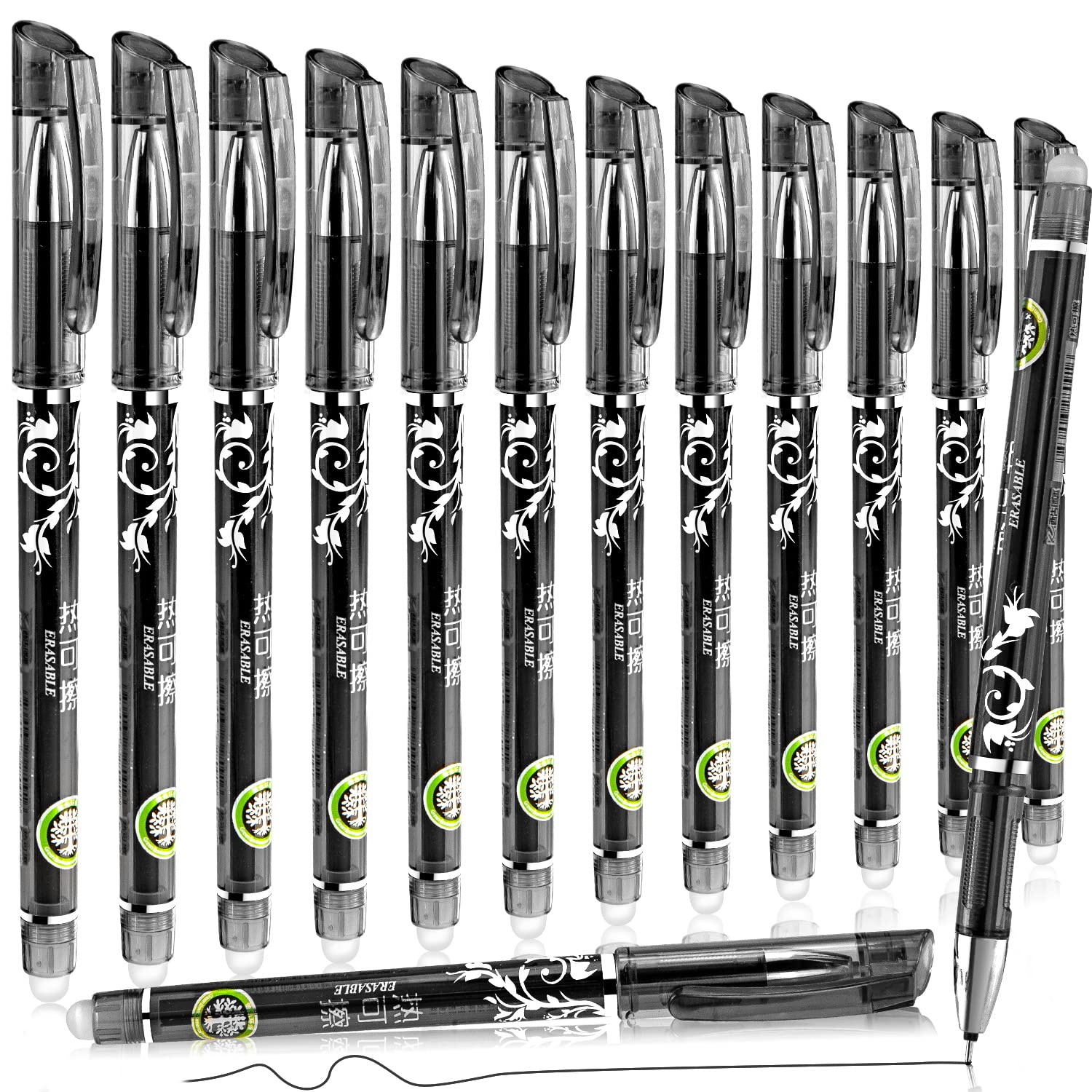 Reaeonat Black Erasable Pens, 12 Pack 0.5mm Fine Tip Liquid Ink Roller Ballpoint Gel Pen for Handwriting Bullet Journal Note Taking School Office Supplies