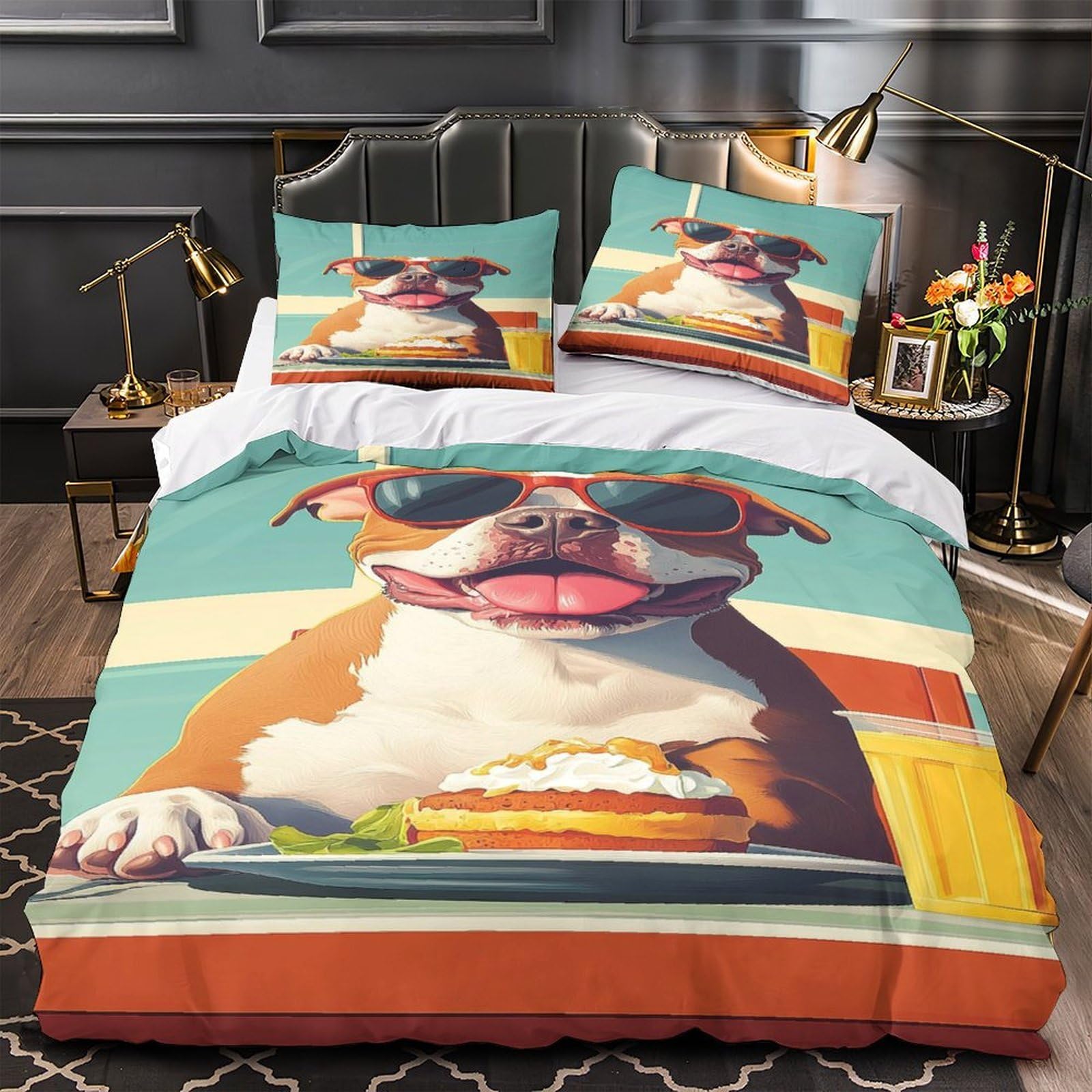 Housse de couette 140x200 cm anti-décoloration imprimé chien 3D avec fermeture éclair robuste