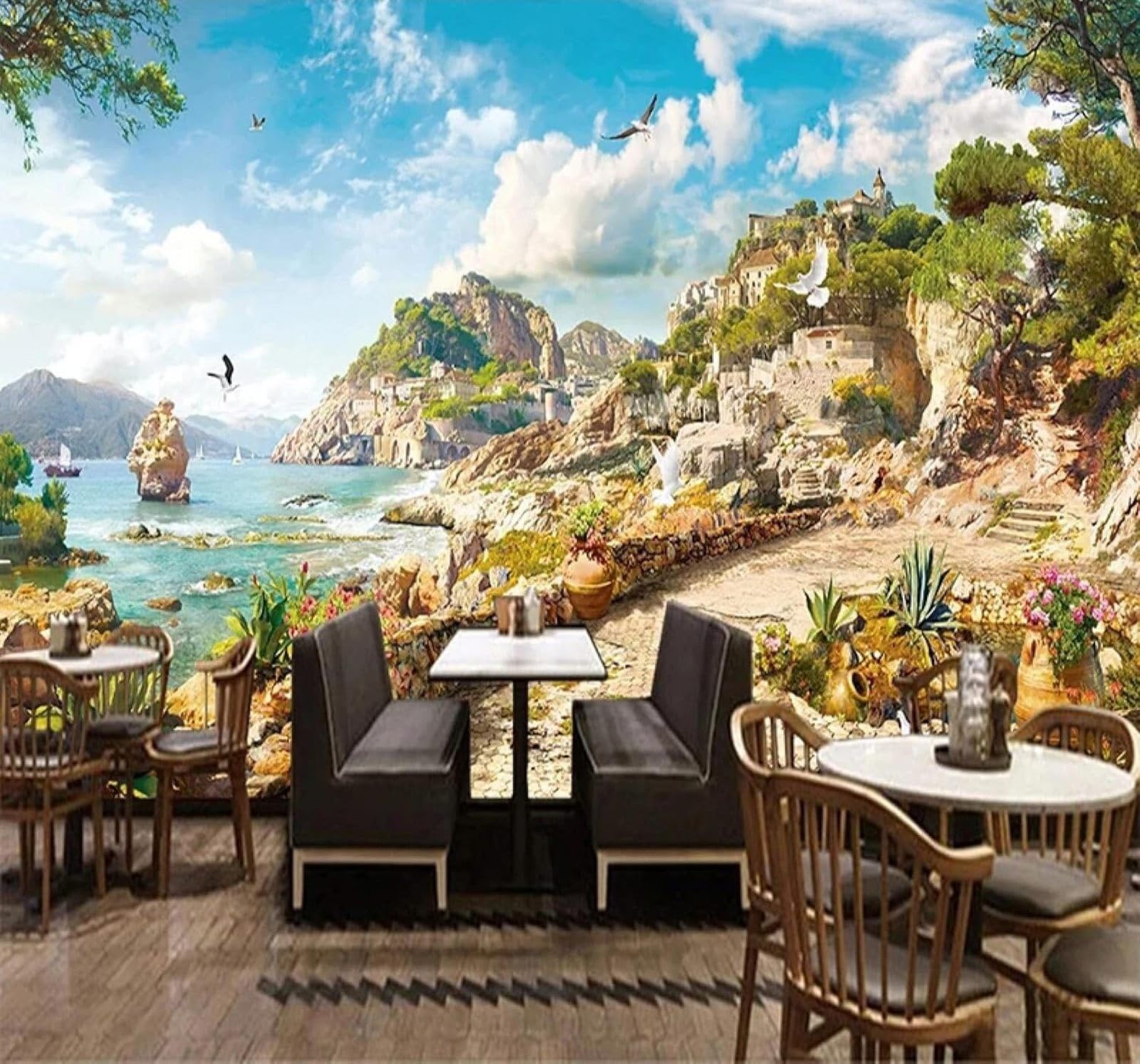 XLMING Retro Landscape Sky Scenery Café 3D Wallpaper Silky Texture Home Study Office Grey Dining Room Sofa Bedroom Living Room TV Backdrop-430cm×300cm