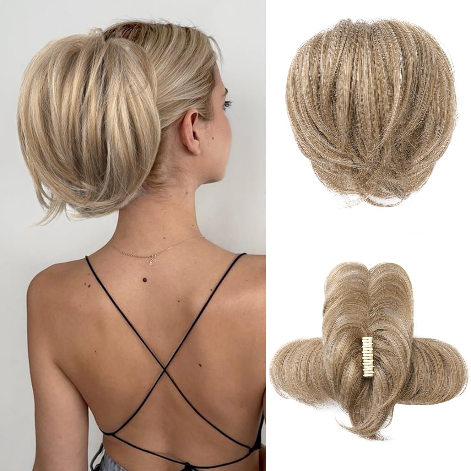 HOOJIH Ponytail Extension, Claw Clip in Straight Messy Hair Bun 9 Inch Short Ponytail Extension with Bendable Metal Wire Hair Pieces for Women Fake Hair Bun DIY Styles – Medium Golden Blonde