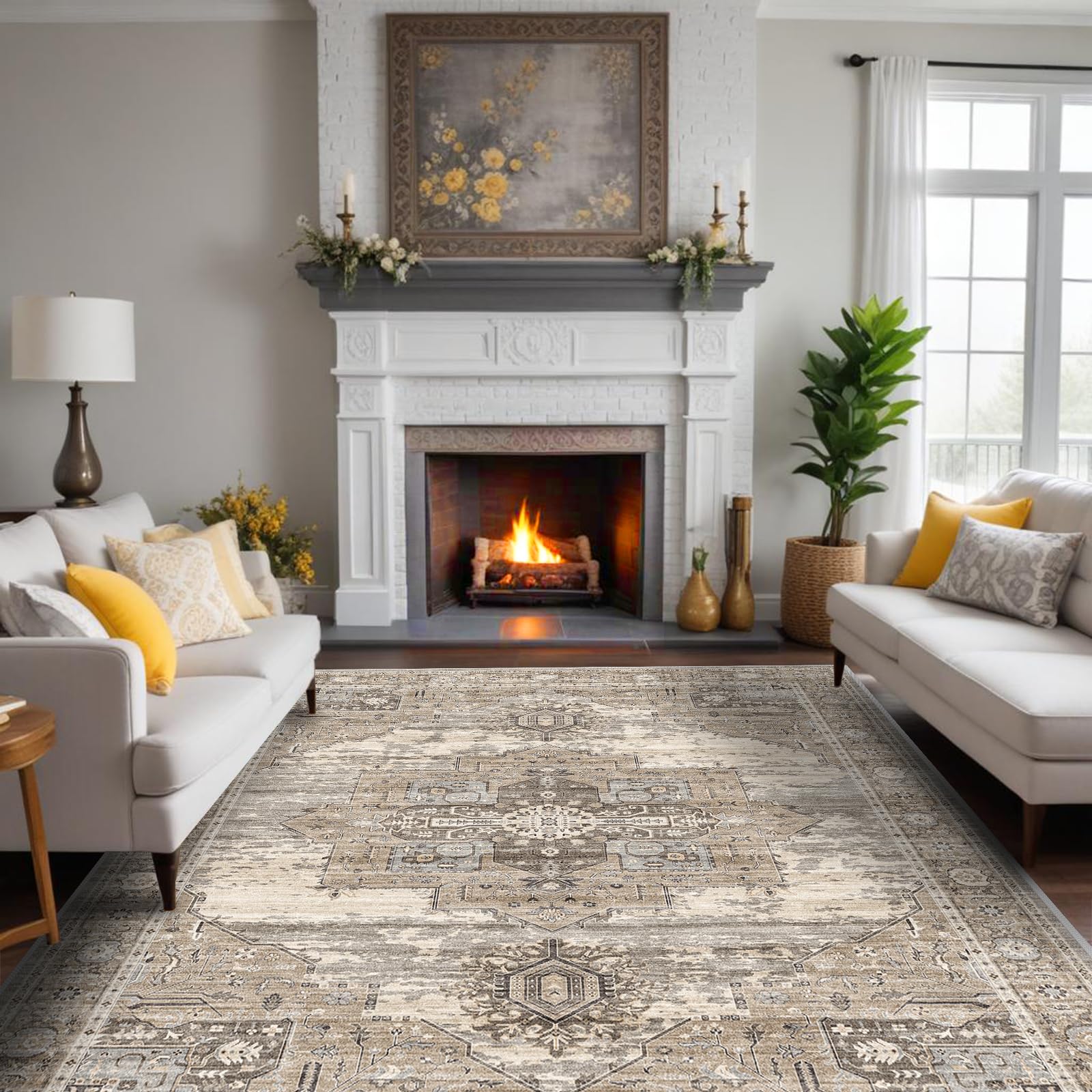 RUUGME Washable 8x10 Area Rugs - Large Rugs for Living Room Stain Resistant Carpet Vintage Rugs for Bedroom with Non Slip Backing Home Decor Floor Decoration Mat (8x10 Beige)