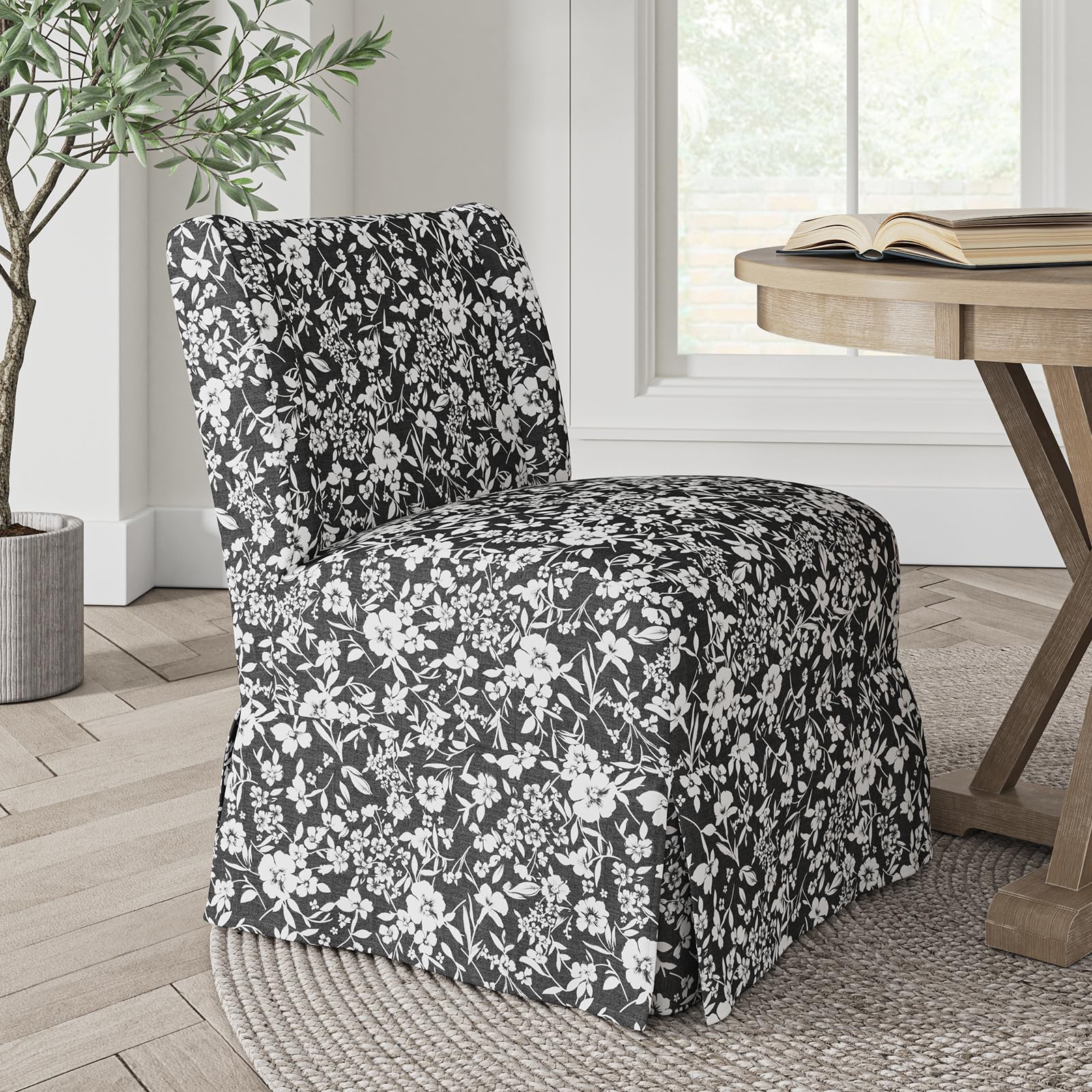 HULALA Home Armless Accent Chair with Washable Floral Slipcover, Transitional Slipper Chair with Removable Chair Covers for Living Room Dining Room,Black