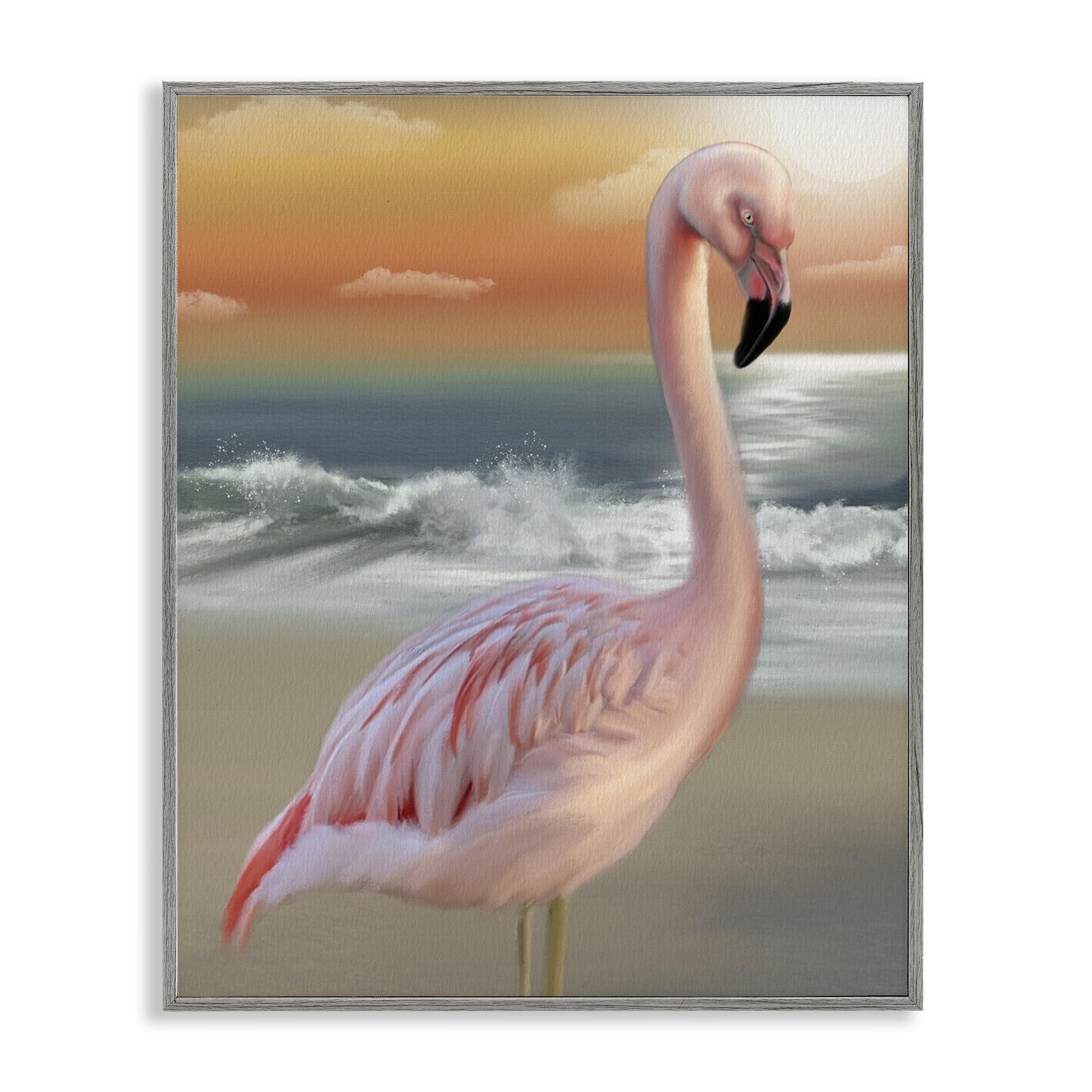 Stupell Industries Farmhouse Gray (Textured) 'Coastal Beach Flamingo'| Framed Giclee Art
