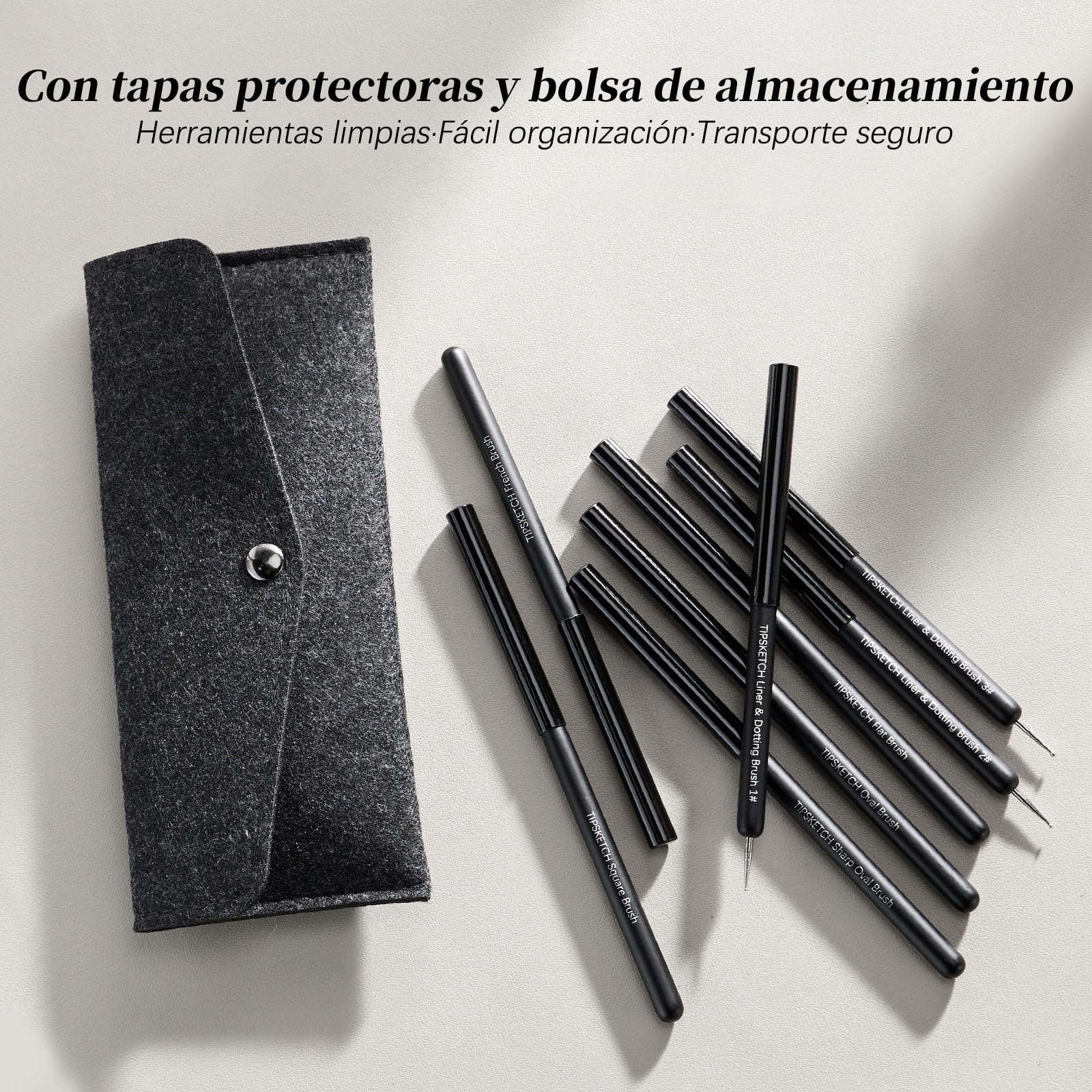Pinceles para Uñas Set de 8 con tapas protectoras y bolsa de almacenamiento,Pinceles Nail Art con Pincel Liner,Dotting Pen,Pincel Francés y más para Uñas en Gel y Manicura Profesional