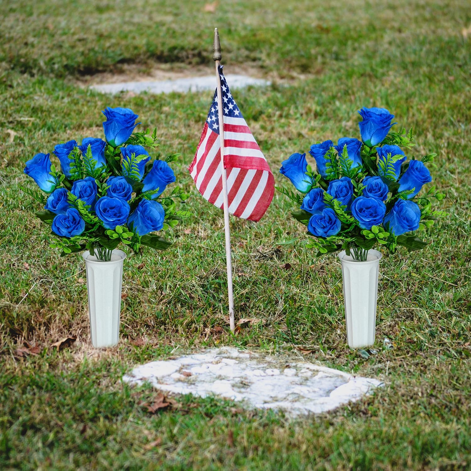 XONOR Artificial Cemetery Flowers, Set of 2 Artificial Rose Bouquet Grave Memorial Flowers with Vase for Cemetery Headstones Decoration (Blue) - Image 7