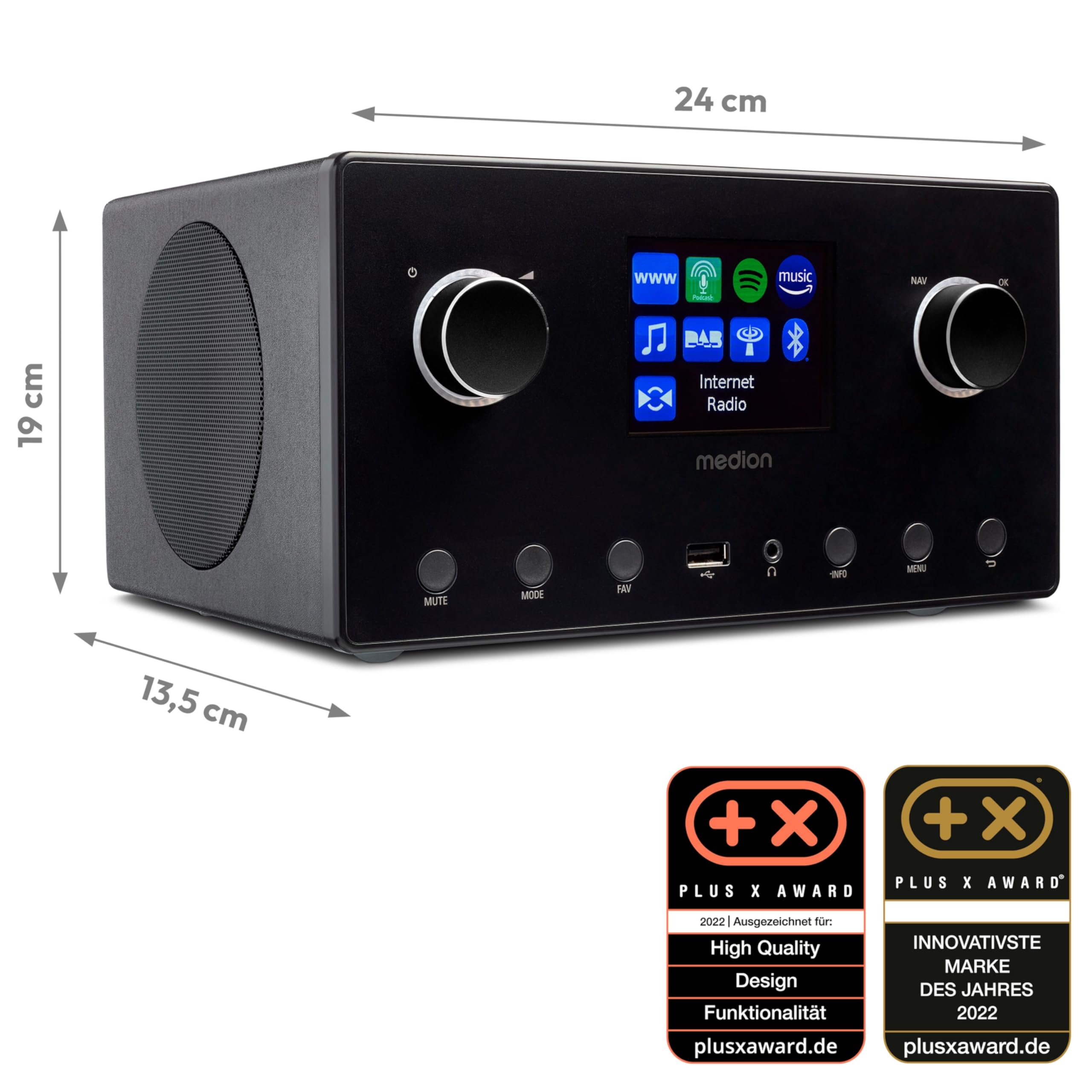 MEDION P85444 2.1 Internetradio mit Subwoofer (DAB+, UKW Radio, Spotify Connect, WLAN, Bluetooth, Streaming, Equalizer, Farbdisplay, USB, AUX, Wecker, Schlummerfunktion, Sleep Timer) schwarz