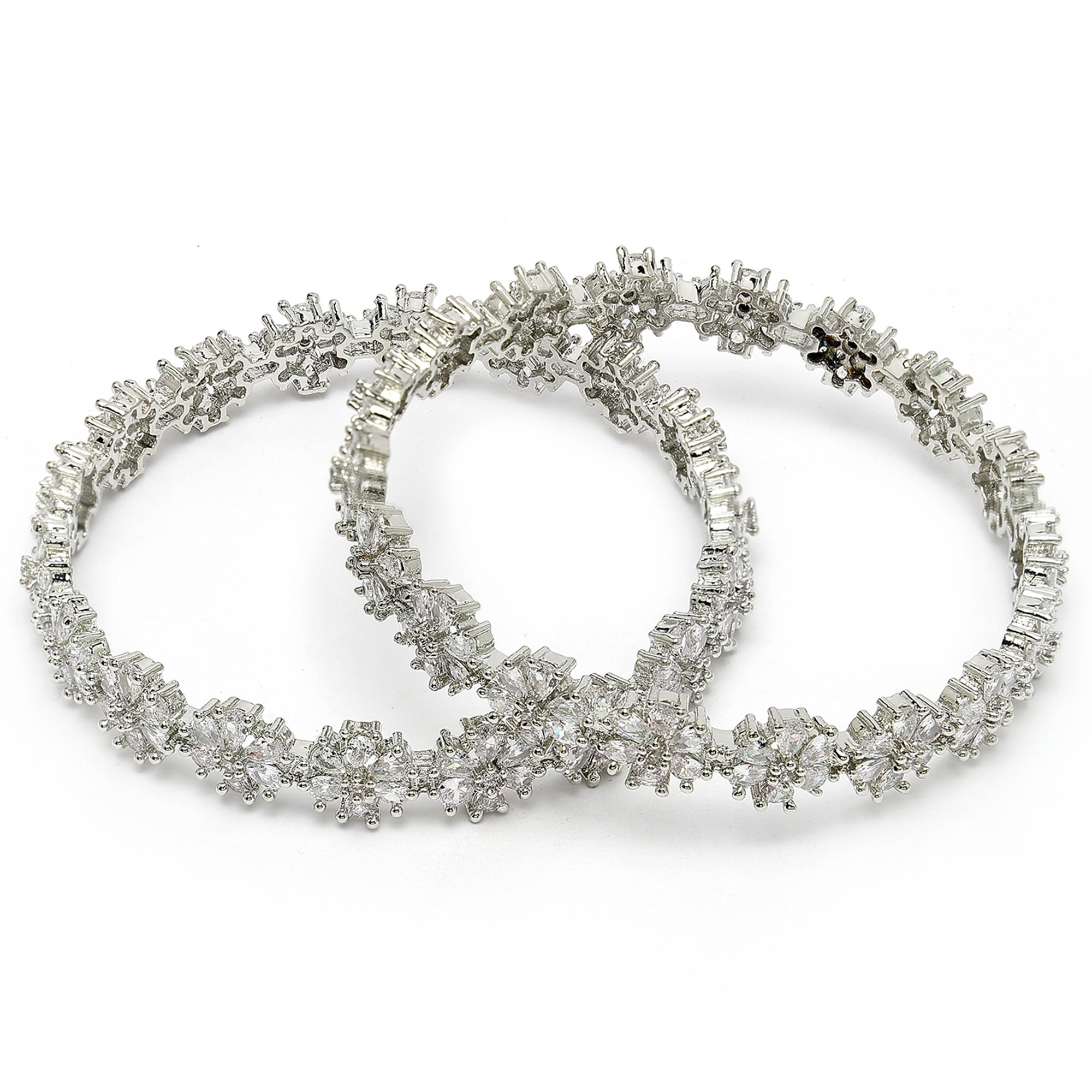 ZENEME Rhodium-Plated Silver Toned White American Diamond Studded Bangle Set for Women and Girls (Floral Bangles, 2.4) (B0D6WZL81S) Amazon Price History, Amazon Price Tracker