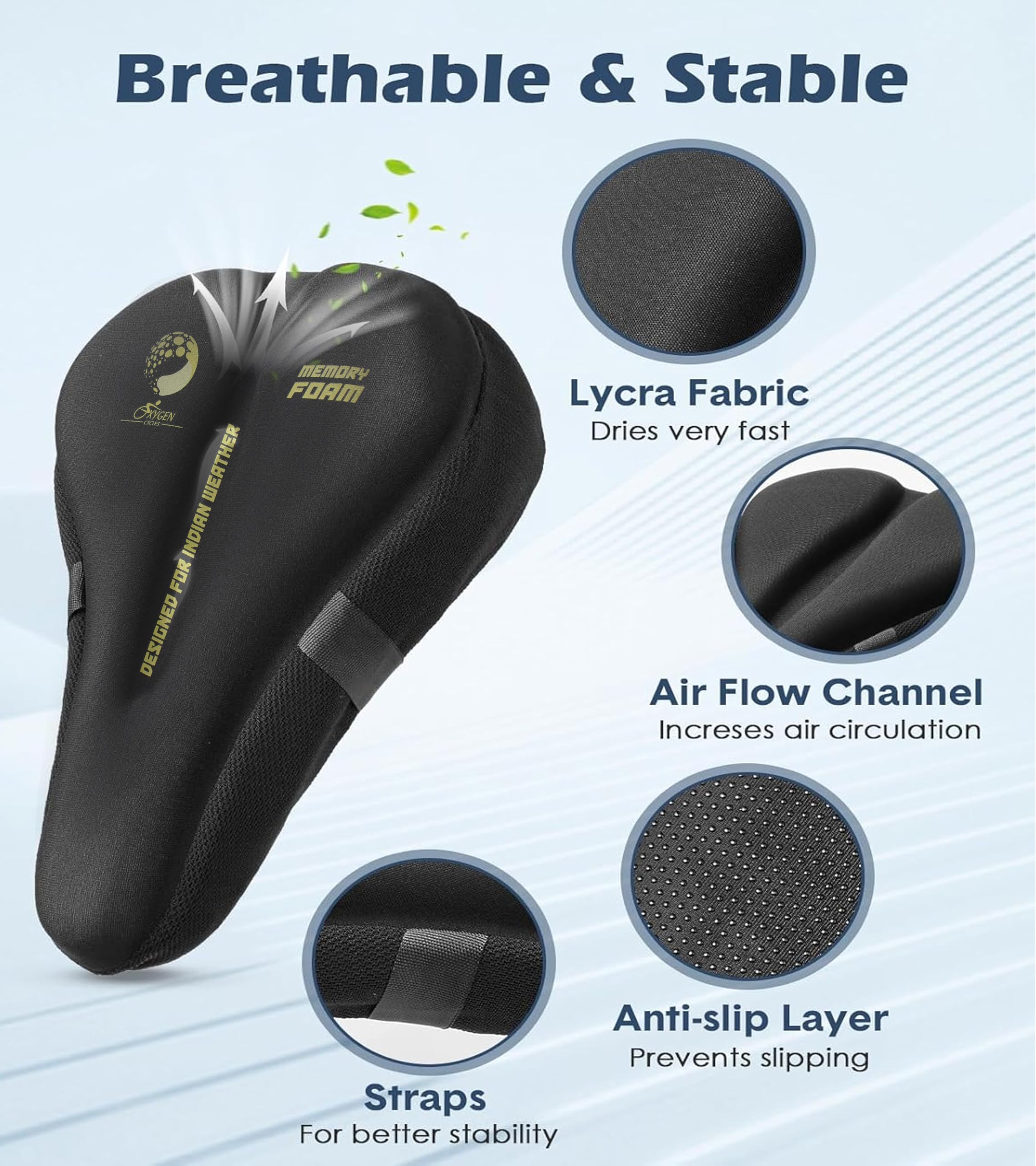 OXYGEN Cycle Seat Cover for Bicycle, Memory Foam Bike Seat Cushion, Universal Fit, 11 x 7.1 Inch, Black, Soft Anti Slip Saddle Cover for MTB, Road, City & Exercise Bikes 2