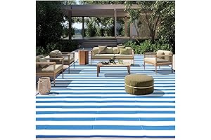 Reversible Striped Outdoor Rugs for Patio Decor 12'x18' Blue Waterproof