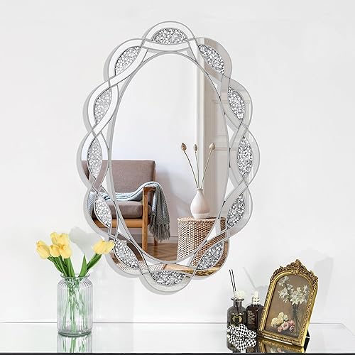 Miniatura 3 de GOAND Espejo decorativo de cristal de 23.6 x 35.4 pulgadas, hermoso espejo plateado de diamante aplastado para decoración de pared dormitorio, baño,