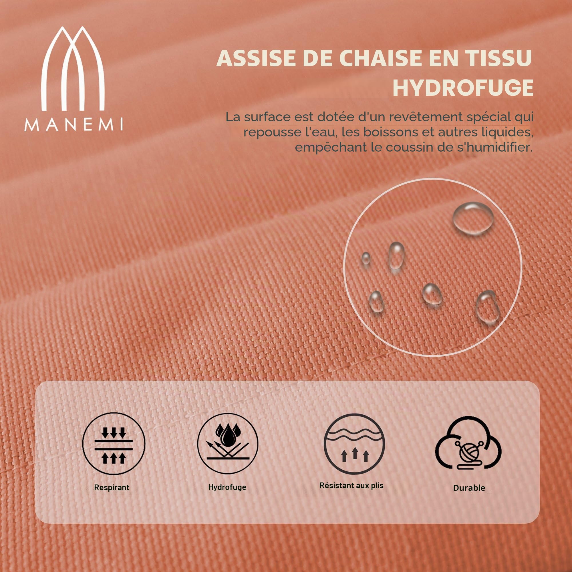 MANEMI Lot de 6 coussins pour chaise 45 x 45 x 5 cm | Imperméable et facile à nettoyer | avec sangles de fixation pour utilisation intérieure et extérieure | Idéal pour salle à manger, terrasse