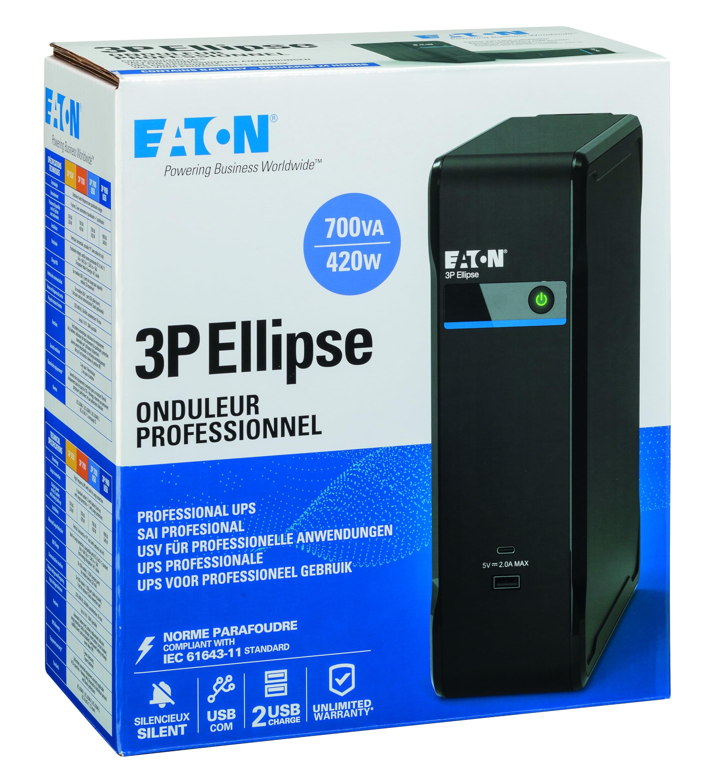 Eaton 3P Ellipse – SAI Off‑Line – 3P700UI – 700VA 420W, diseño extraplano y silencioso, 3× C13 + 1 solo protección, USB‑A/C, entrada C14 – Negro (B0F4BJCMYK)