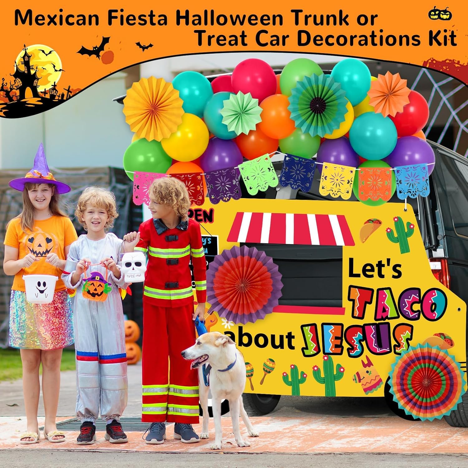 Religious Halloween Trunk or Treat Car Decorations Kit Mexican Fiesta Trunk or Treat Car Backdrop Banner Balloons Paper Fans Decorations for De Mayo Halloween Garage Door Decor Party Supplies