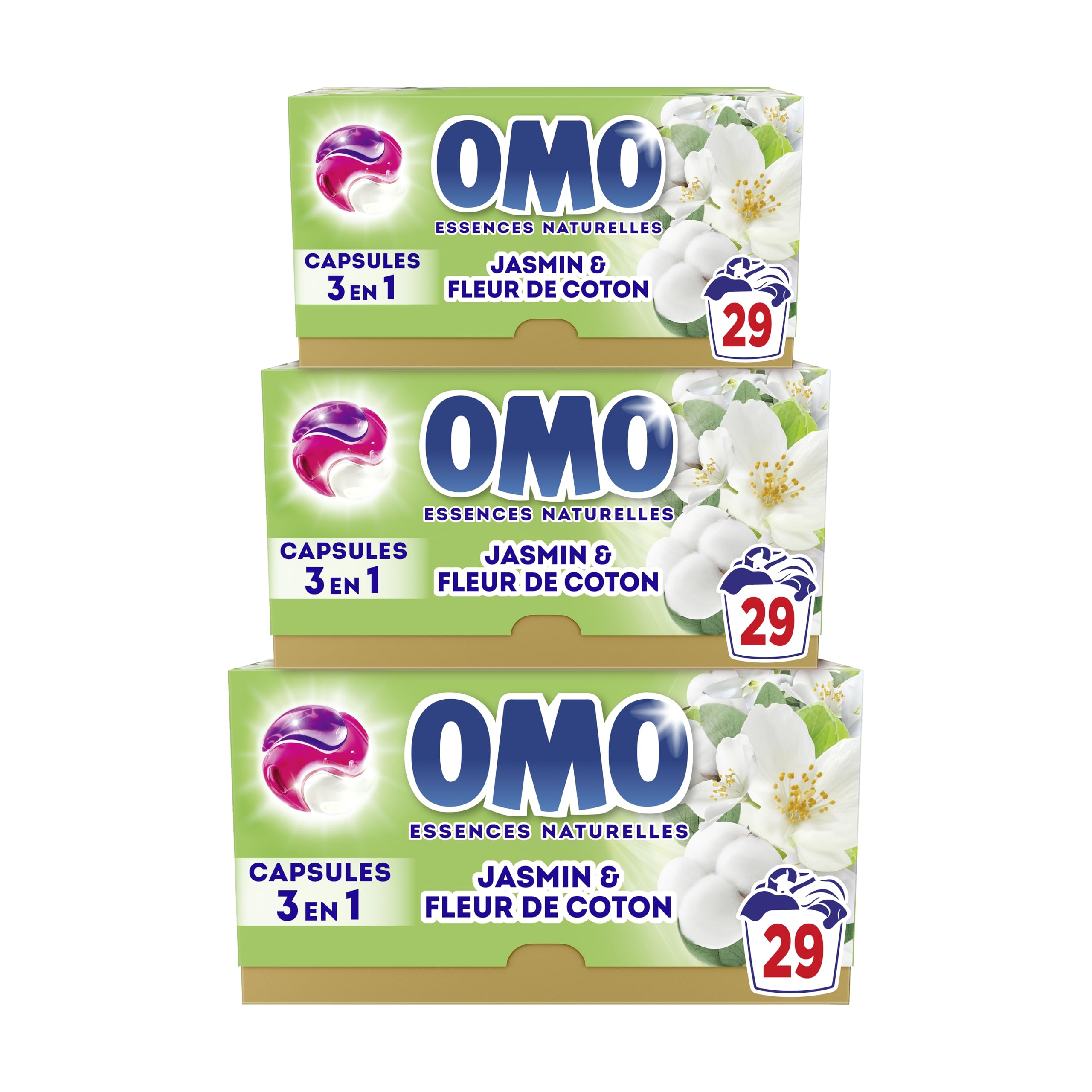 OMO - Lessive liquide en capsules 3 en 1 Prendre l'air - 87 lavages - Jasmin et Fleurs de Coton - propreté éclatante & parfum longue durée aux essences naturelles (lot de 3x29)