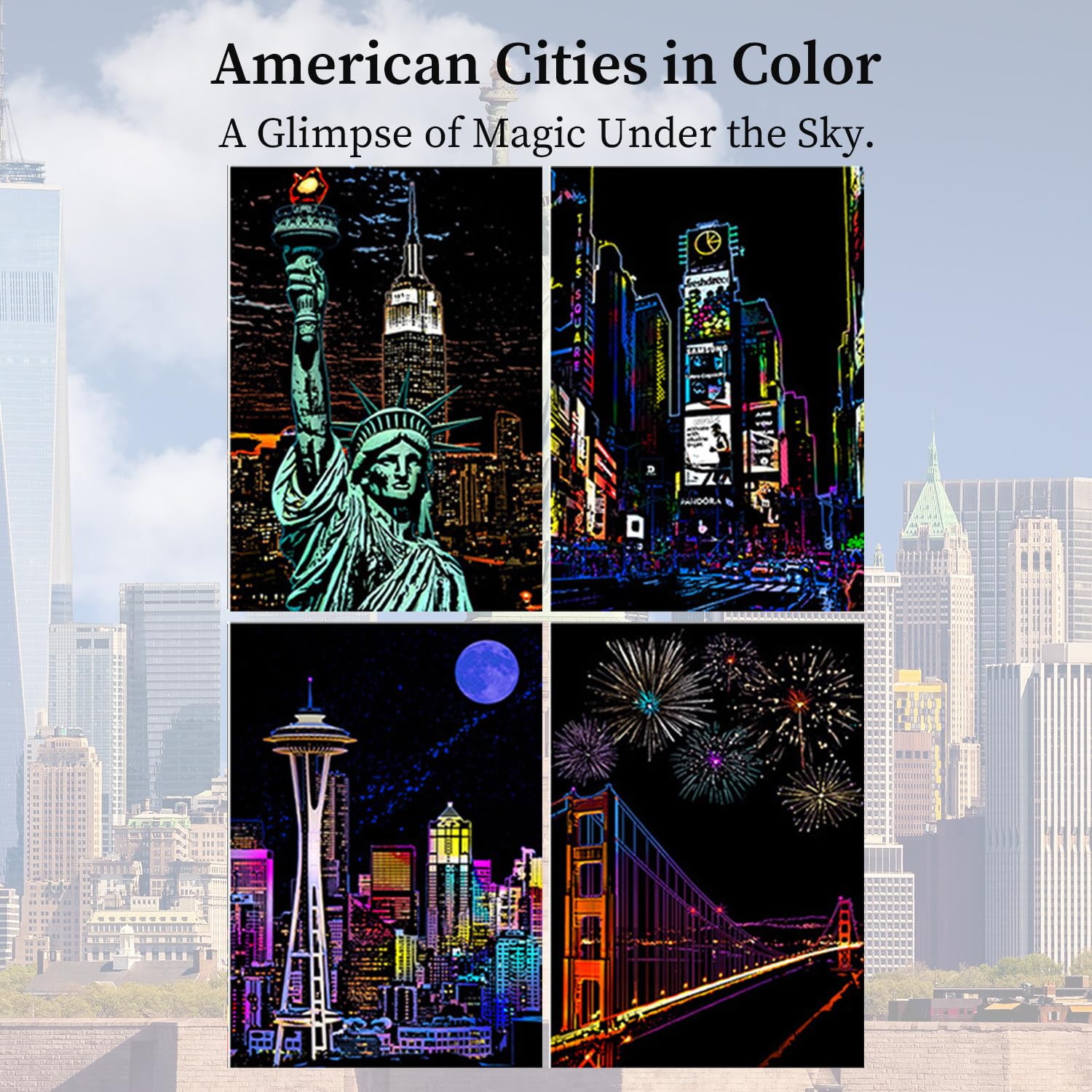 SiYear Scratch Paper Rainbow Painting Sketch, City Series Night Scene Creatief Cadeau Scratchboard Voor Volwassenen En Kinderen Met 4 Gereedschappen 1013850228