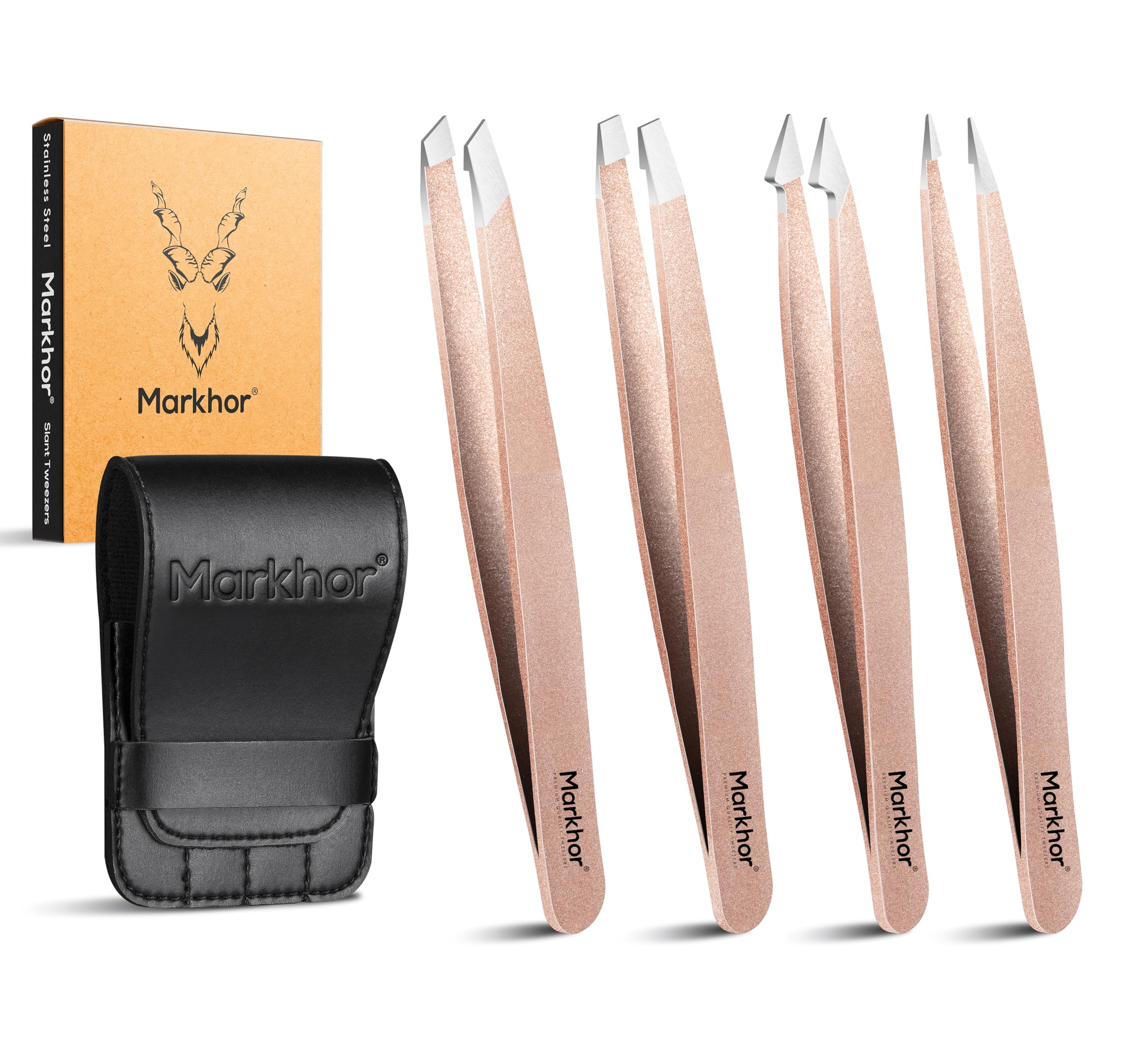 MARKHOR® Rose Gold - Set Profesional de Pinzas de Precisión y Pinzas Depilar para Cejas Vello Facial Astillas y Pelos Encarnados - Acero Inoxidable con Estuche (Pack de 4)
