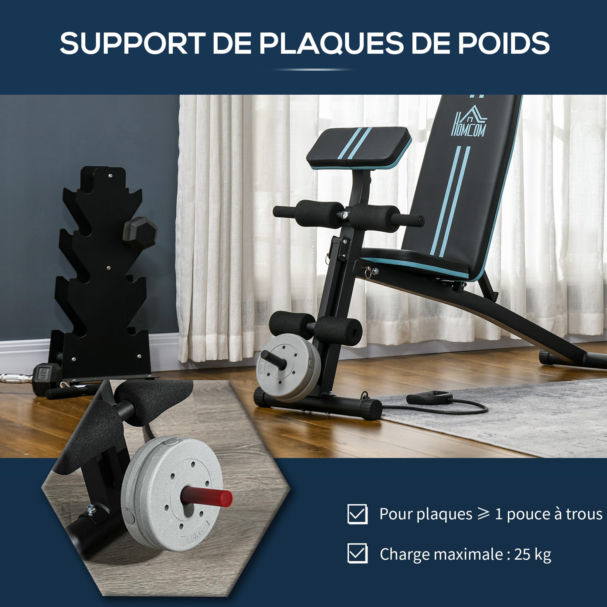 HOMCOM Składana ławka treningowa, składana ławka treningowa, regulowana ławka do leżenia, bicepsu, treningu siłowego pleców i brzucha, z prostownikiem nóg, stal, czarny niebieski