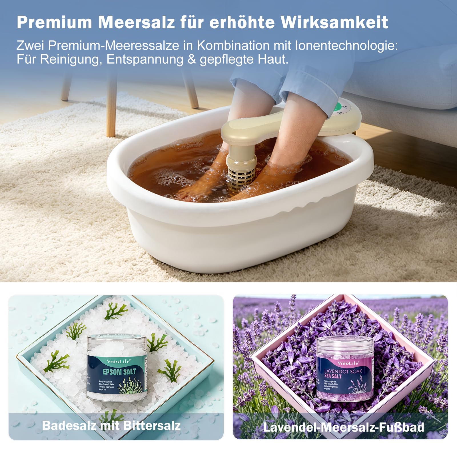 Ionen Fußbad Entgiftung,Detox Fußbad, Elektrolyse Fussbad mit 1 Array, Meersalz Wellness Fußpflege für Stressabbau & müde Füße, Komplett-Set (Mit Badesalz)